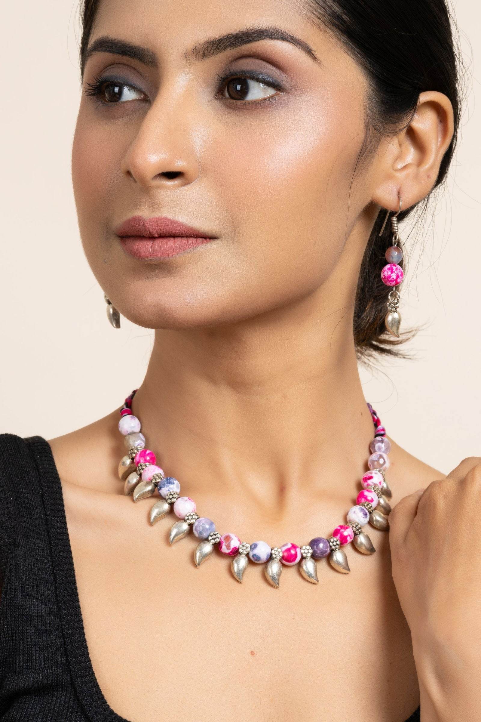 Handmade Semi Precious Pink Purple Onyx Necklace with Mango Charm & Matching Earrings Set for Women - Lookandadorn.com