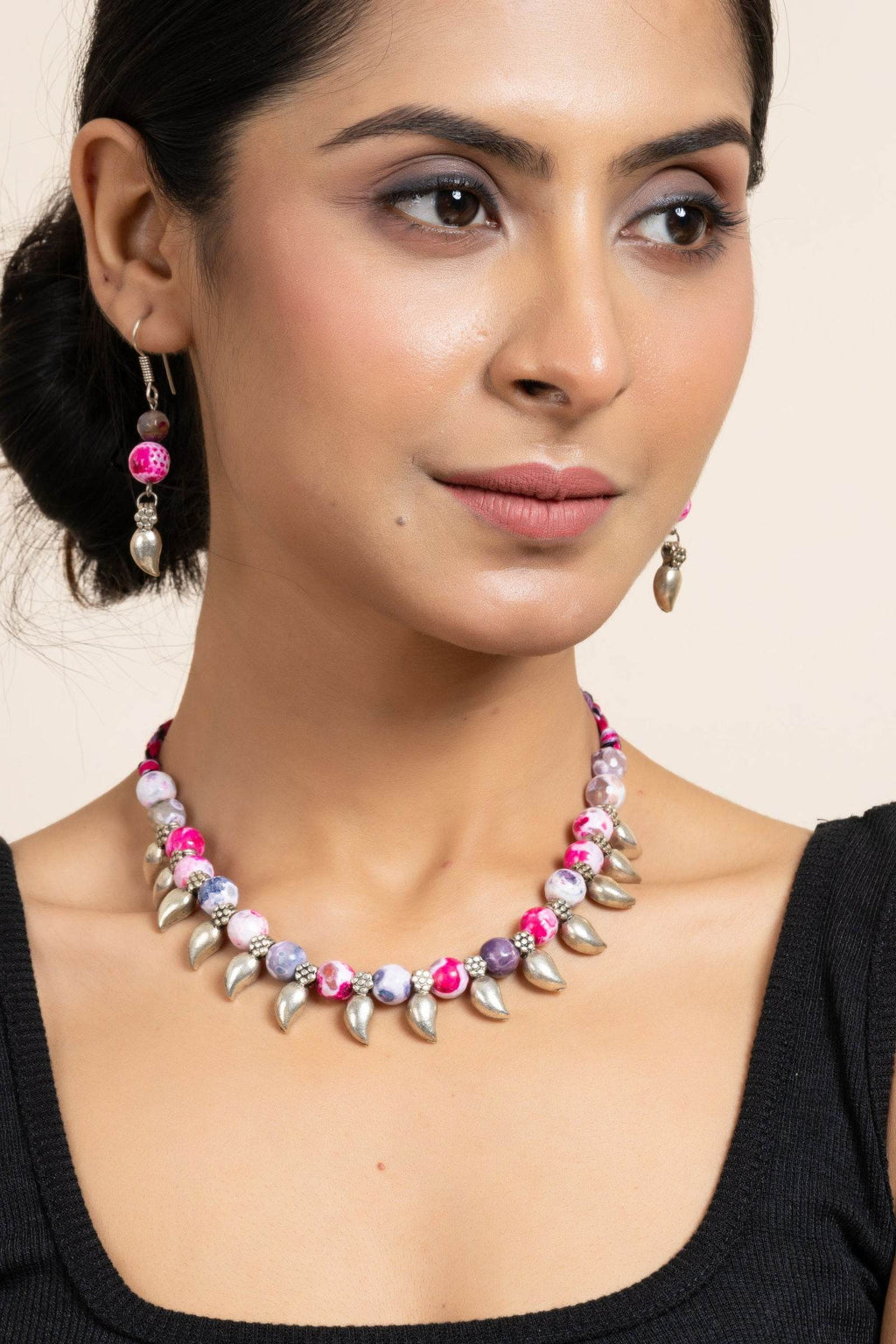 Handmade Semi Precious Pink Purple Onyx Necklace with Mango Charm & Matching Earrings Set for Women - Lookandadorn.com
