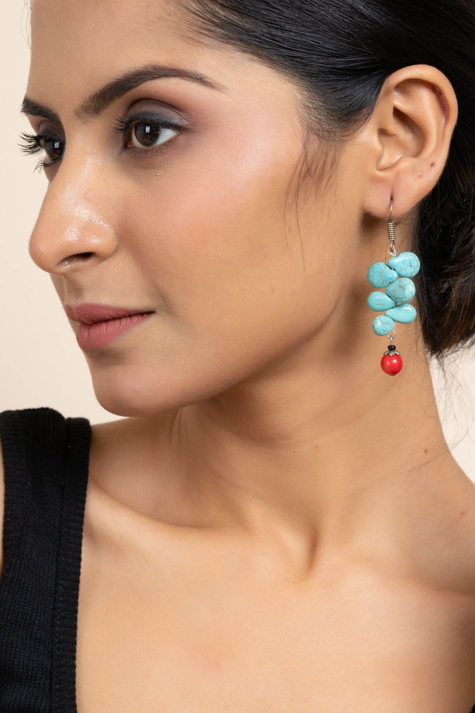 Handcrafted Semi Precious Turquoise and Red Drop Earrings