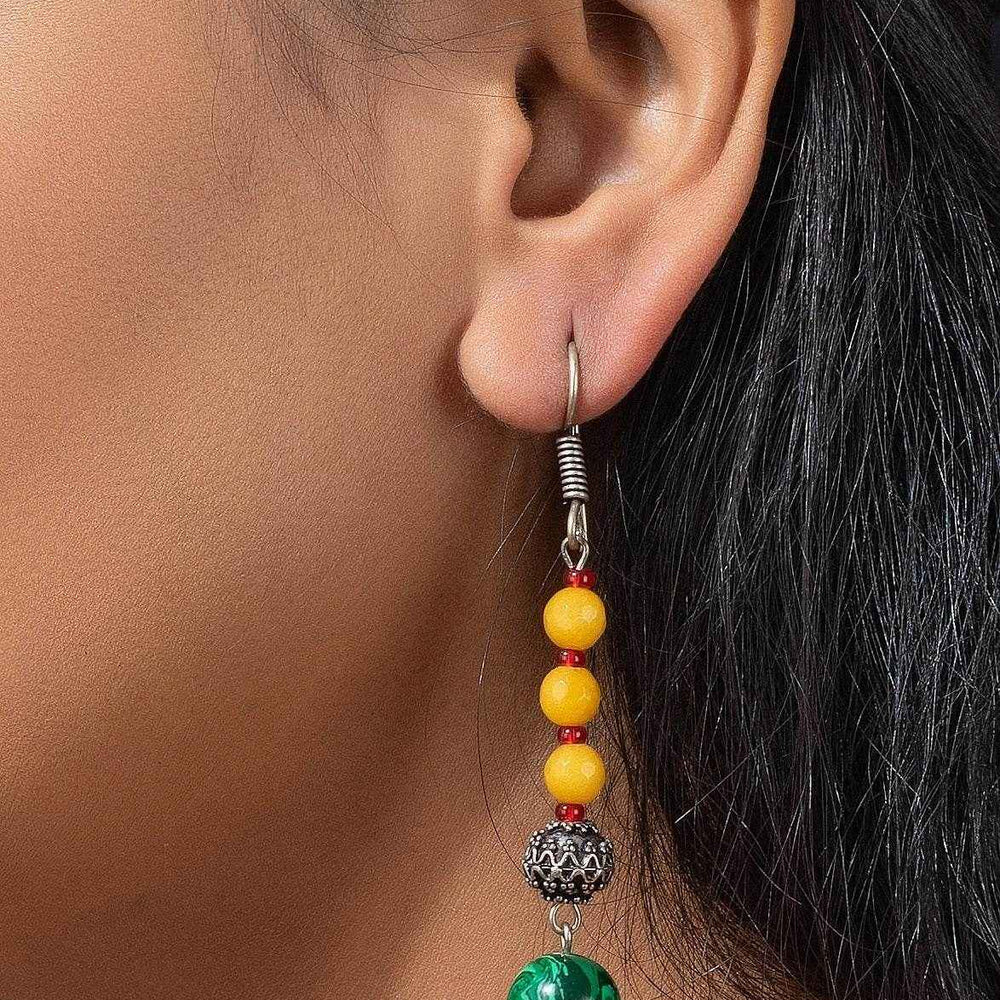 Handmade Semi Precious Yellow Jade with Malachite & German Silver Beads Long Earrings - Lookandadorn.com