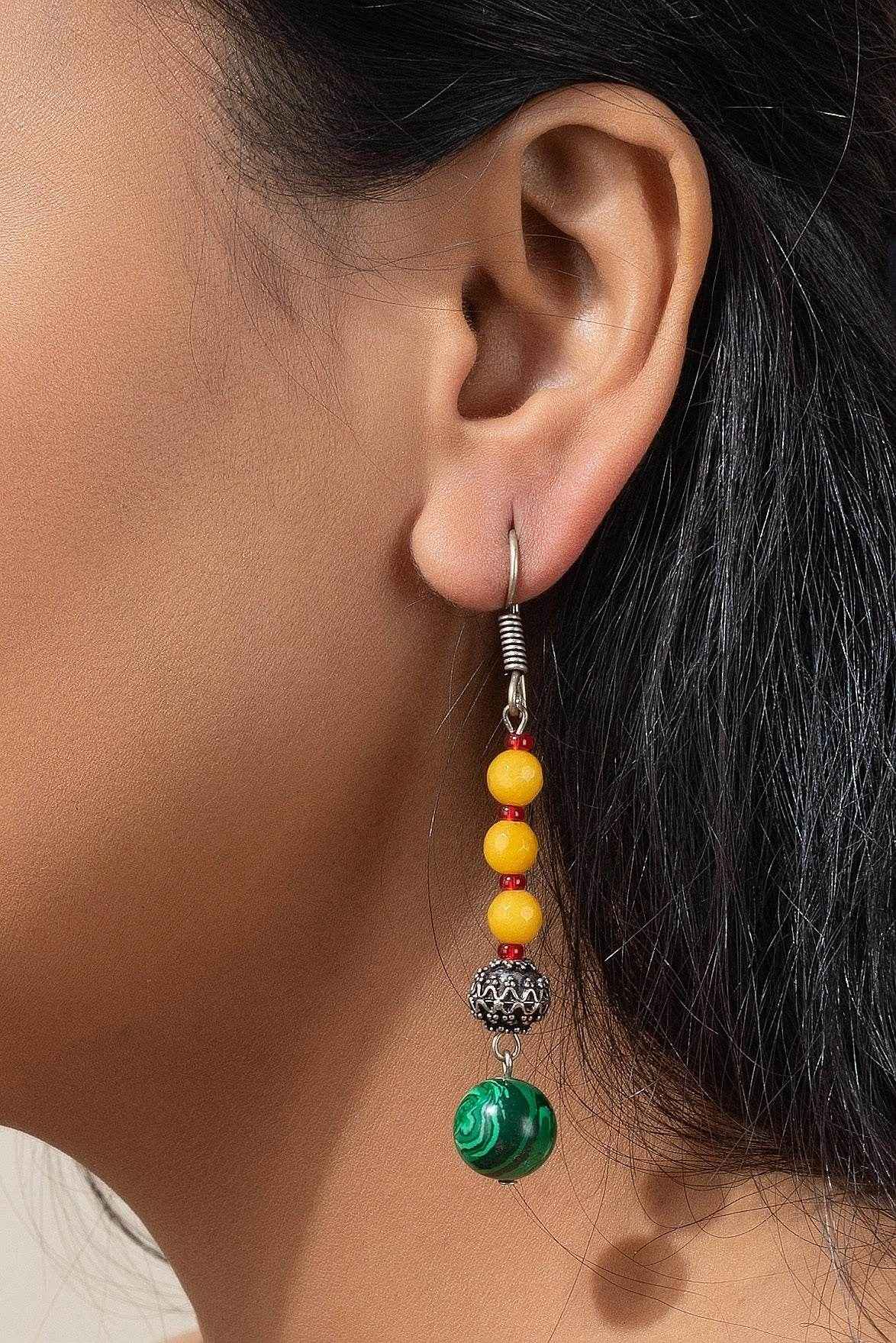 Handmade Semi Precious Yellow Jade with Malachite & German Silver Beads Long Earrings - Lookandadorn.com