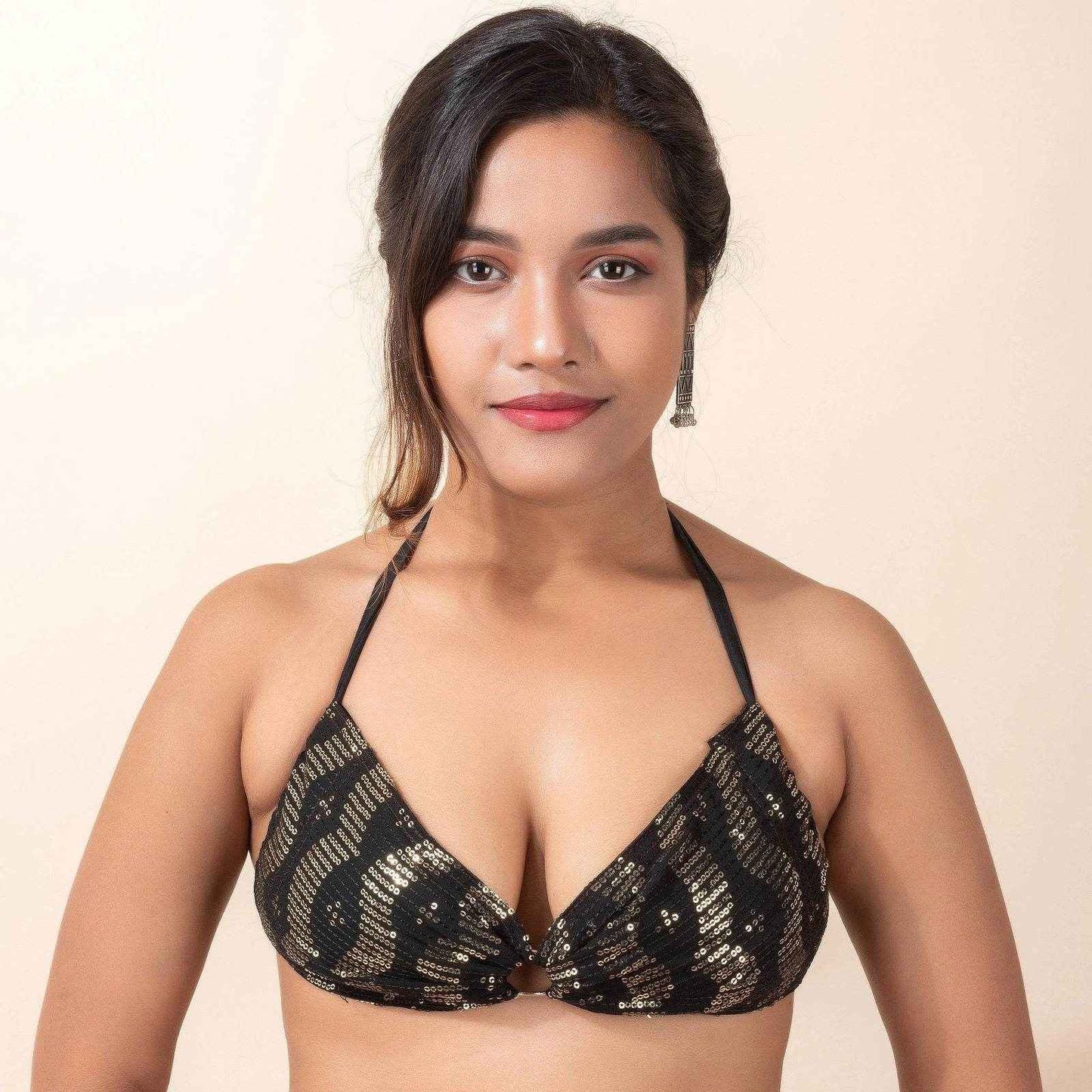 Designer Fabric Sequence Design Backless Halter Neck Bikini Blouse - Non-Padded - Lookandadorn.com
