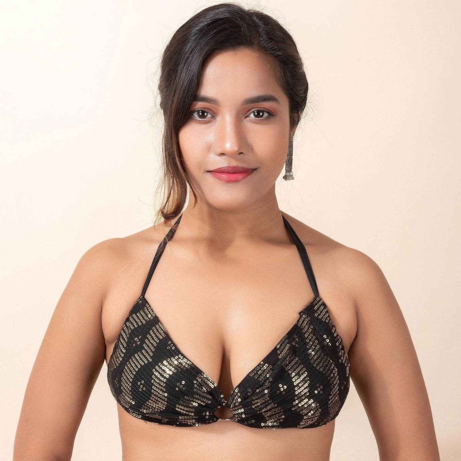 Designer Fabric Sequence Design Backless Halter Neck Bikini Blouse - Non-Padded - Lookandadorn.com