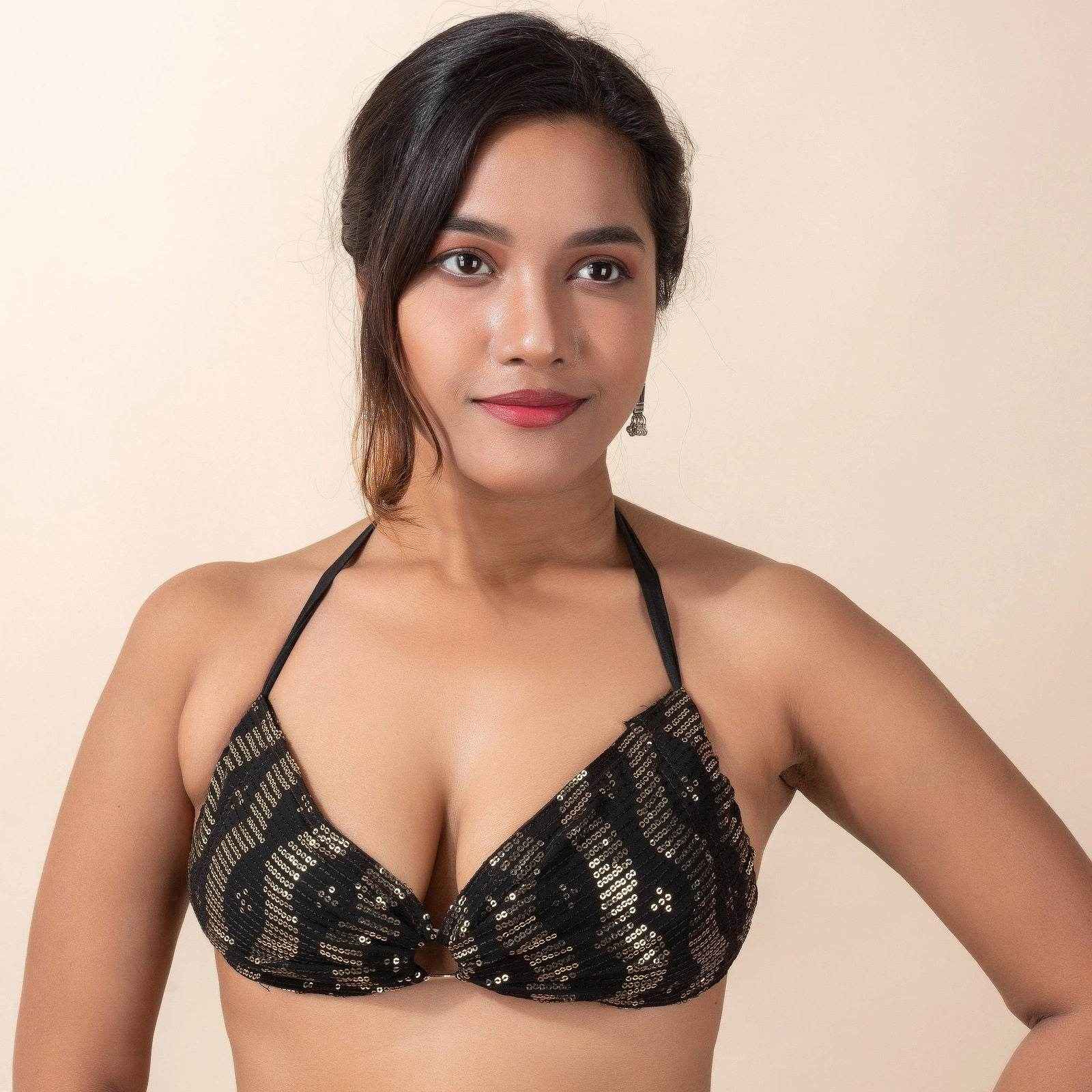 Designer Fabric Sequence Design Backless Halter Neck Bikini Blouse - Non-Padded - Lookandadorn.com