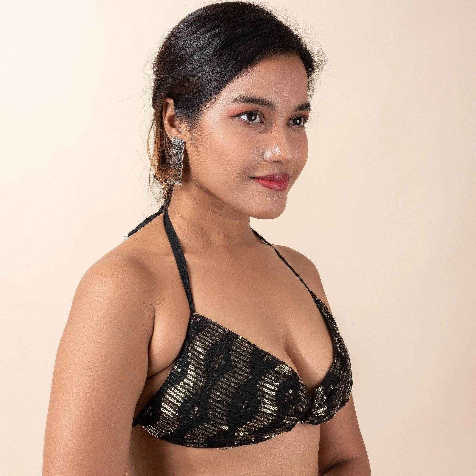 Designer Fabric Sequence Design Backless Halter Neck Bikini Blouse - Non-Padded - Lookandadorn.com