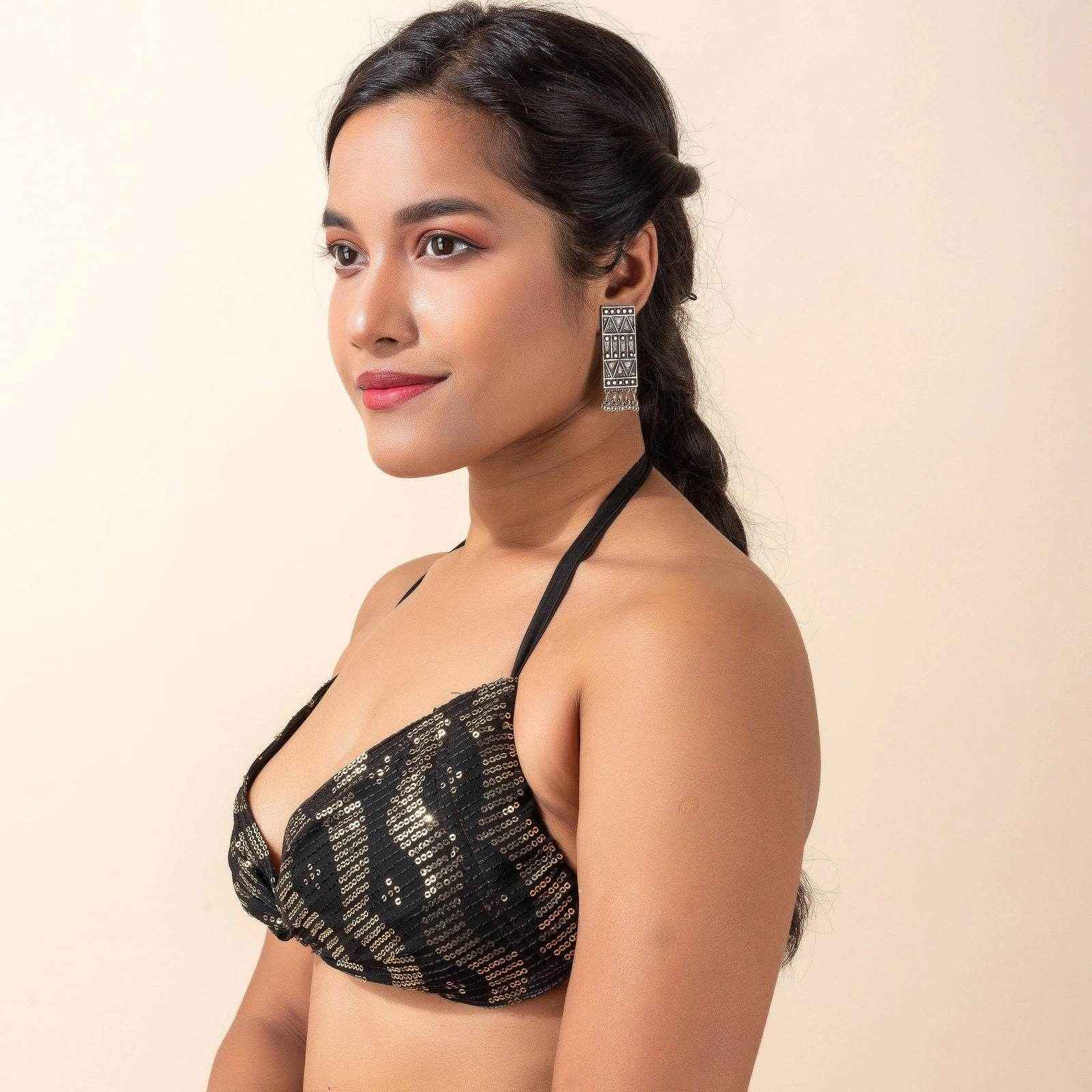 Designer Fabric Sequence Design Backless Halter Neck Bikini Blouse - Non-Padded - Lookandadorn.com