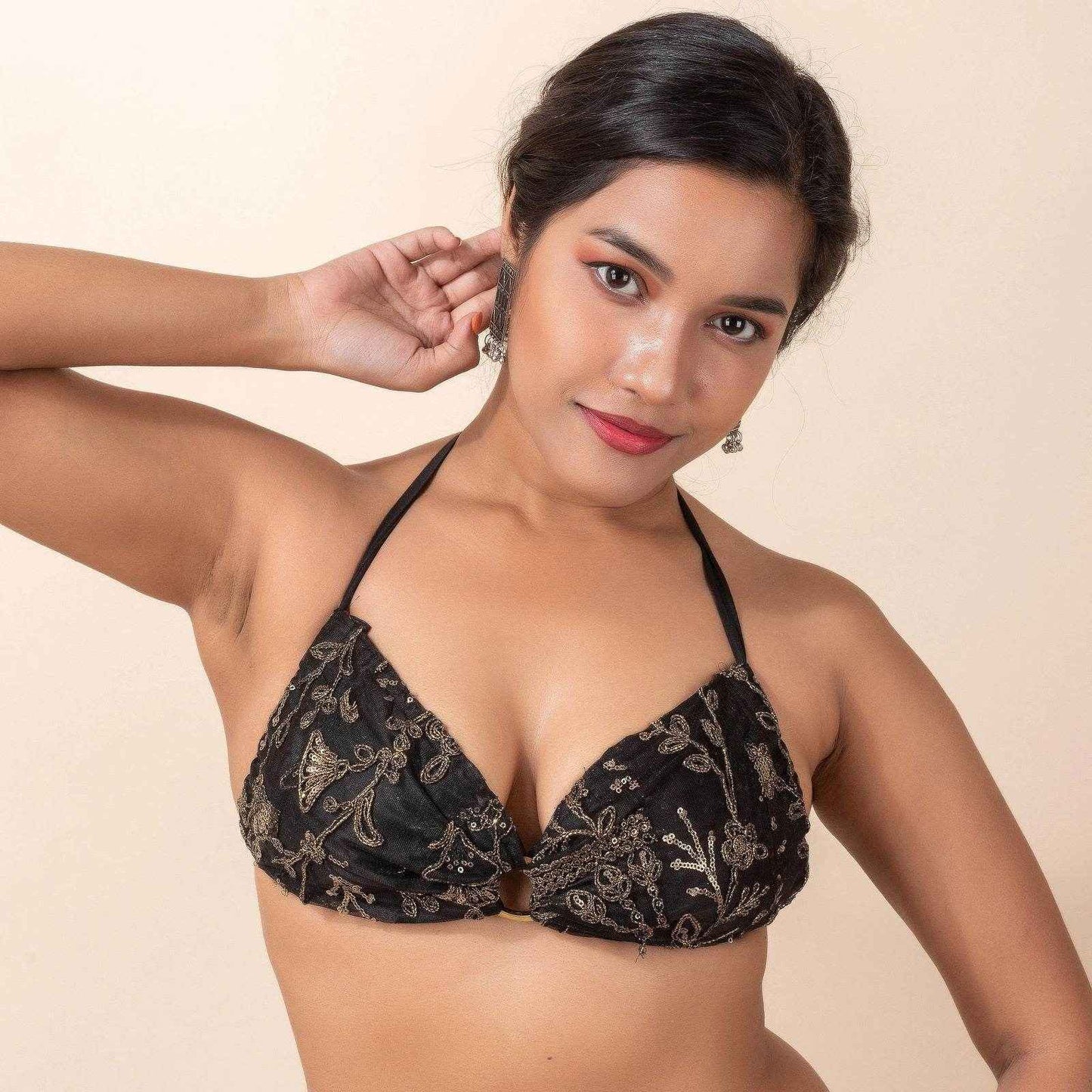 Designer Sequence Fabric Backless Halter Neck Bikini Blouse, Non Padded Bust Design - Lookandadorn.com