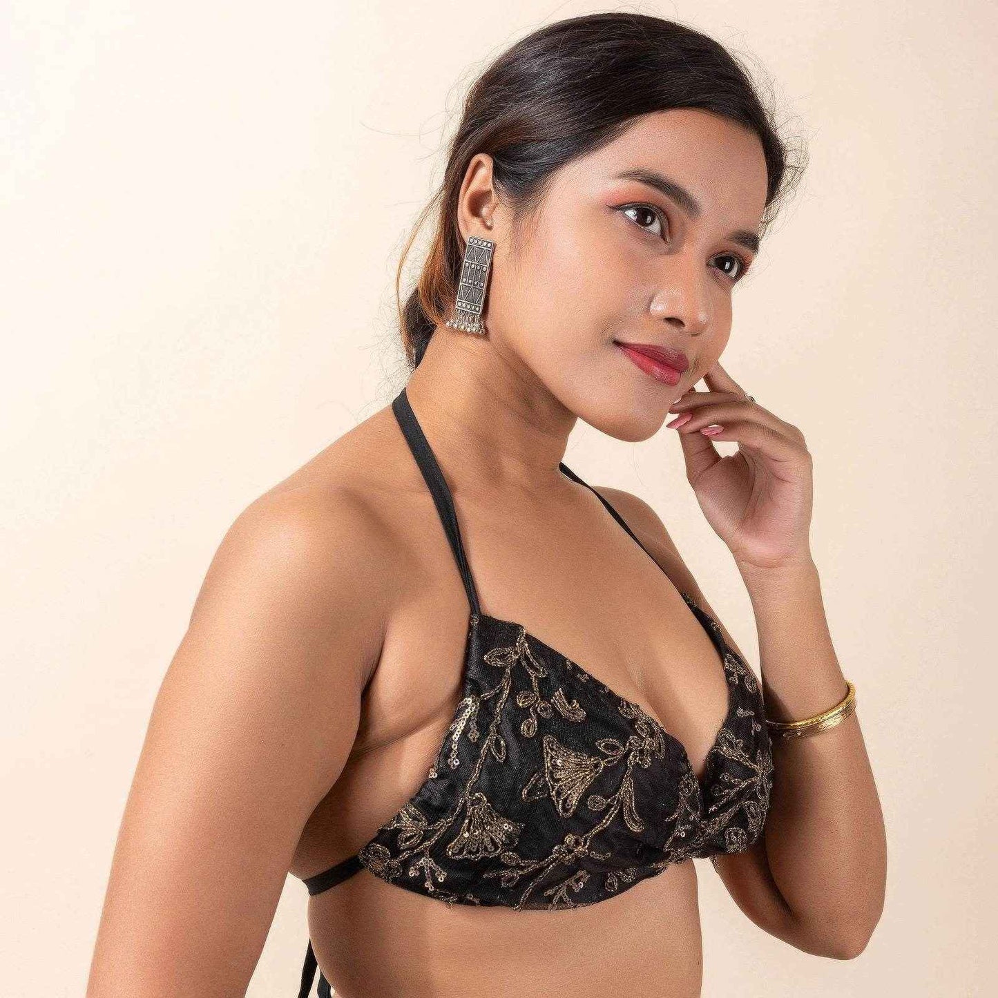 Designer Sequence Fabric Backless Halter Neck Bikini Blouse, Non Padded Bust Design - Lookandadorn.com