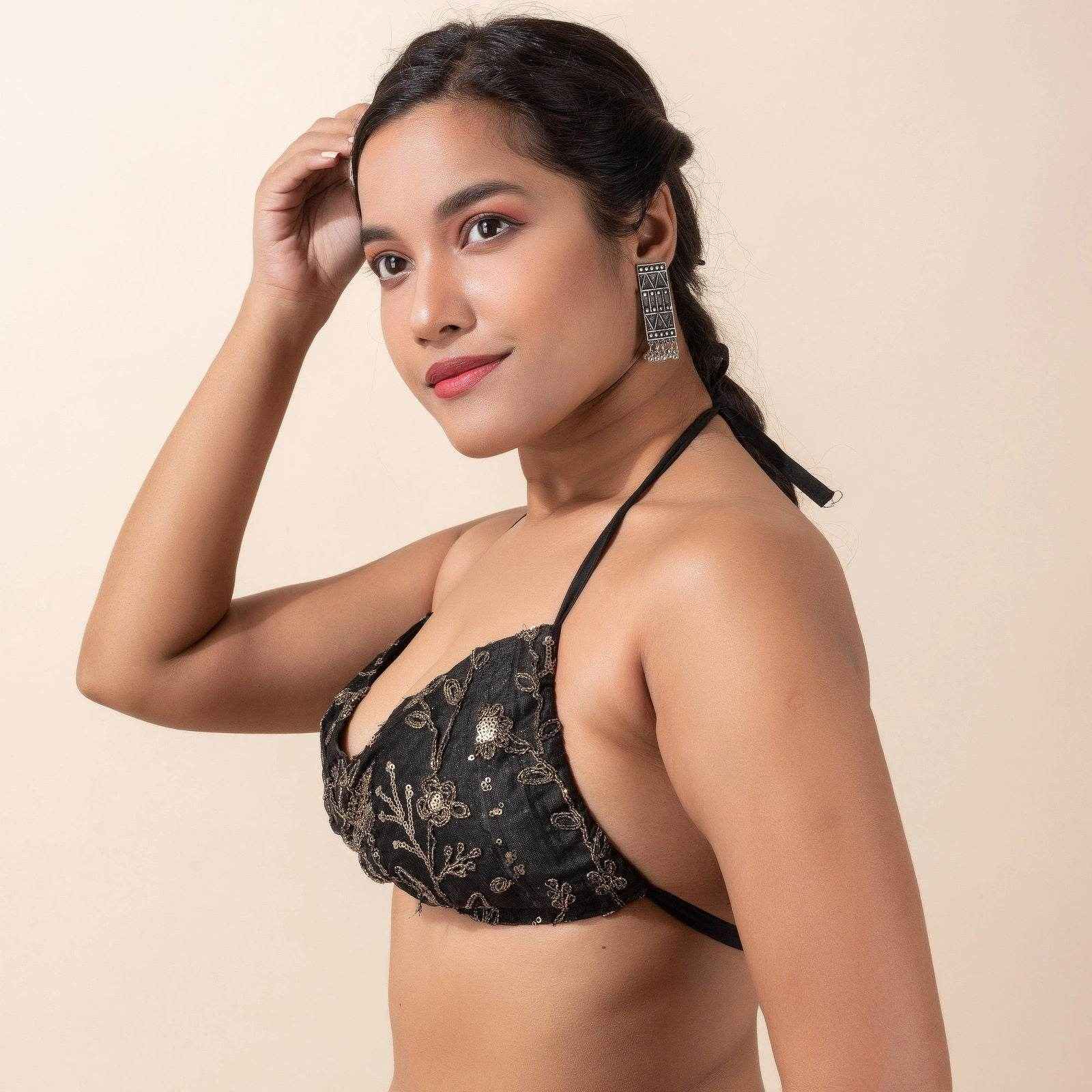 Designer Sequence Fabric Backless Halter Neck Bikini Blouse, Non Padded Bust Design - Lookandadorn.com