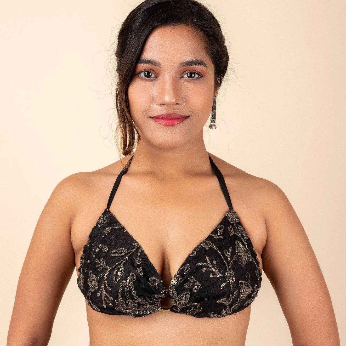 Designer Sequence Fabric Backless Halter Neck Bikini Blouse, Non Padded Bust Design - Lookandadorn.com