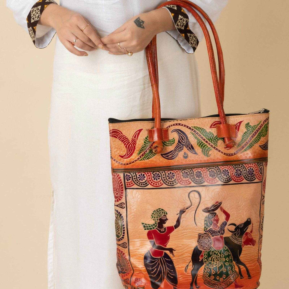 Handcrafted Shantiniketan Leather Handbag For Women - 14x14 Brown Bag With 4 Spacious Compartments - Lookandadorn.com