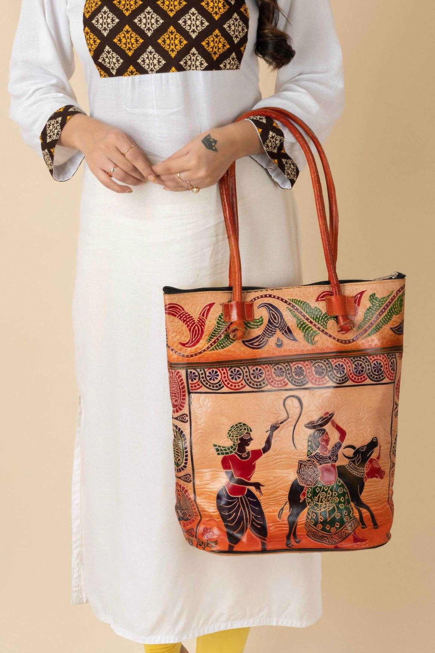 Handcrafted Shantiniketan Leather Handbag For Women - 14x14 Brown Bag With 4 Spacious Compartments - Lookandadorn.com
