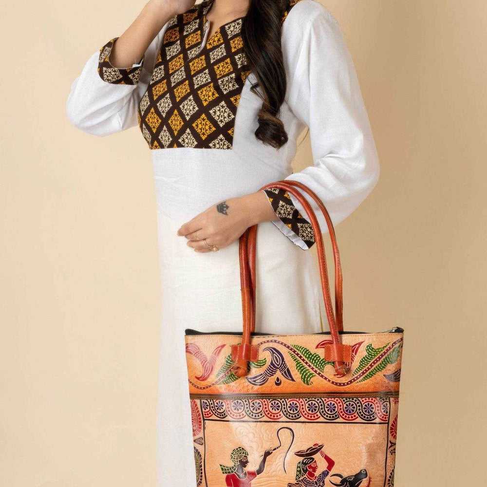 Handcrafted Shantiniketan Leather Handbag For Women - 14x14 Brown Bag With 4 Spacious Compartments - Lookandadorn.com