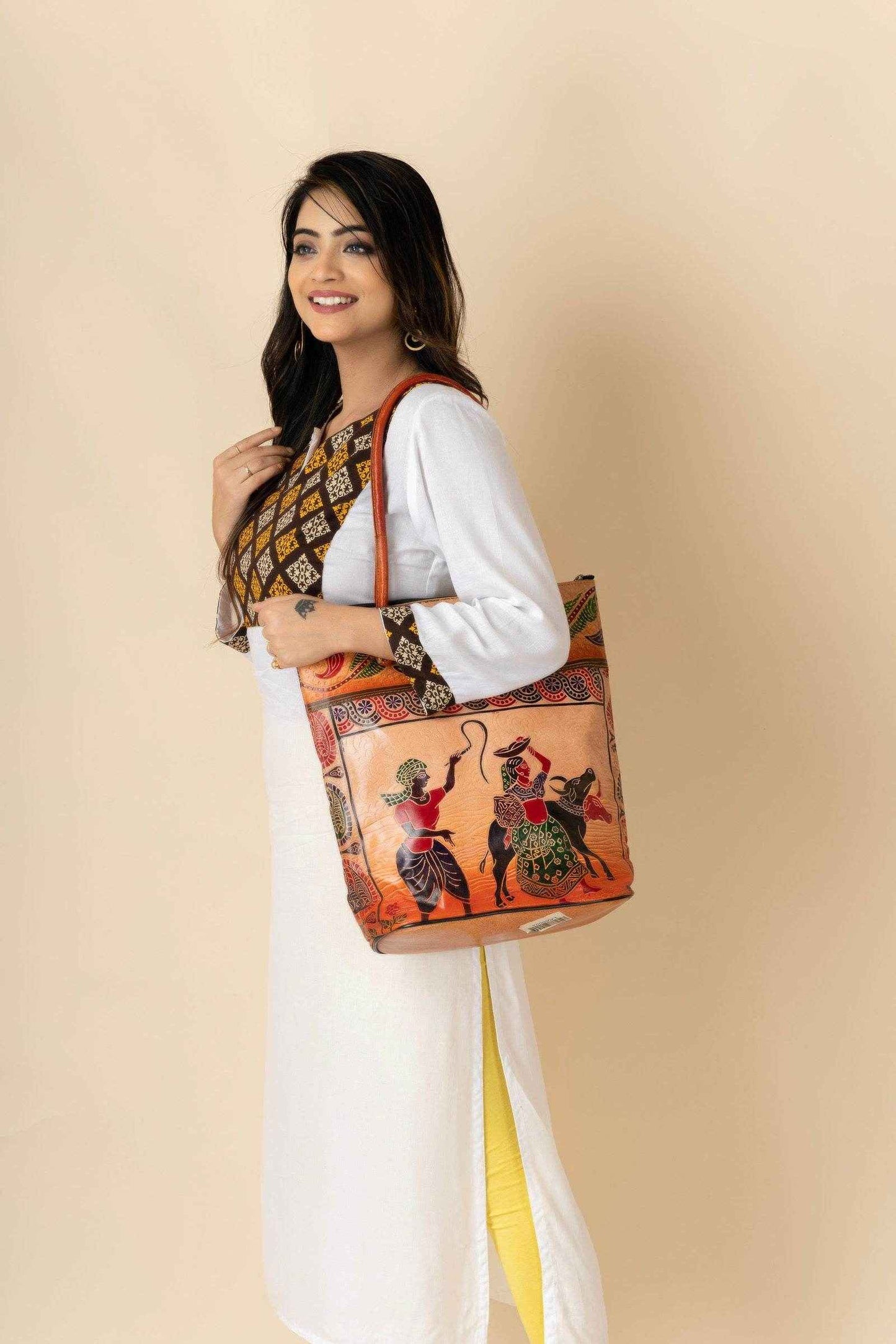 Handcrafted Shantiniketan Leather Handbag For Women - 14x14 Brown Bag With 4 Spacious Compartments - Lookandadorn.com