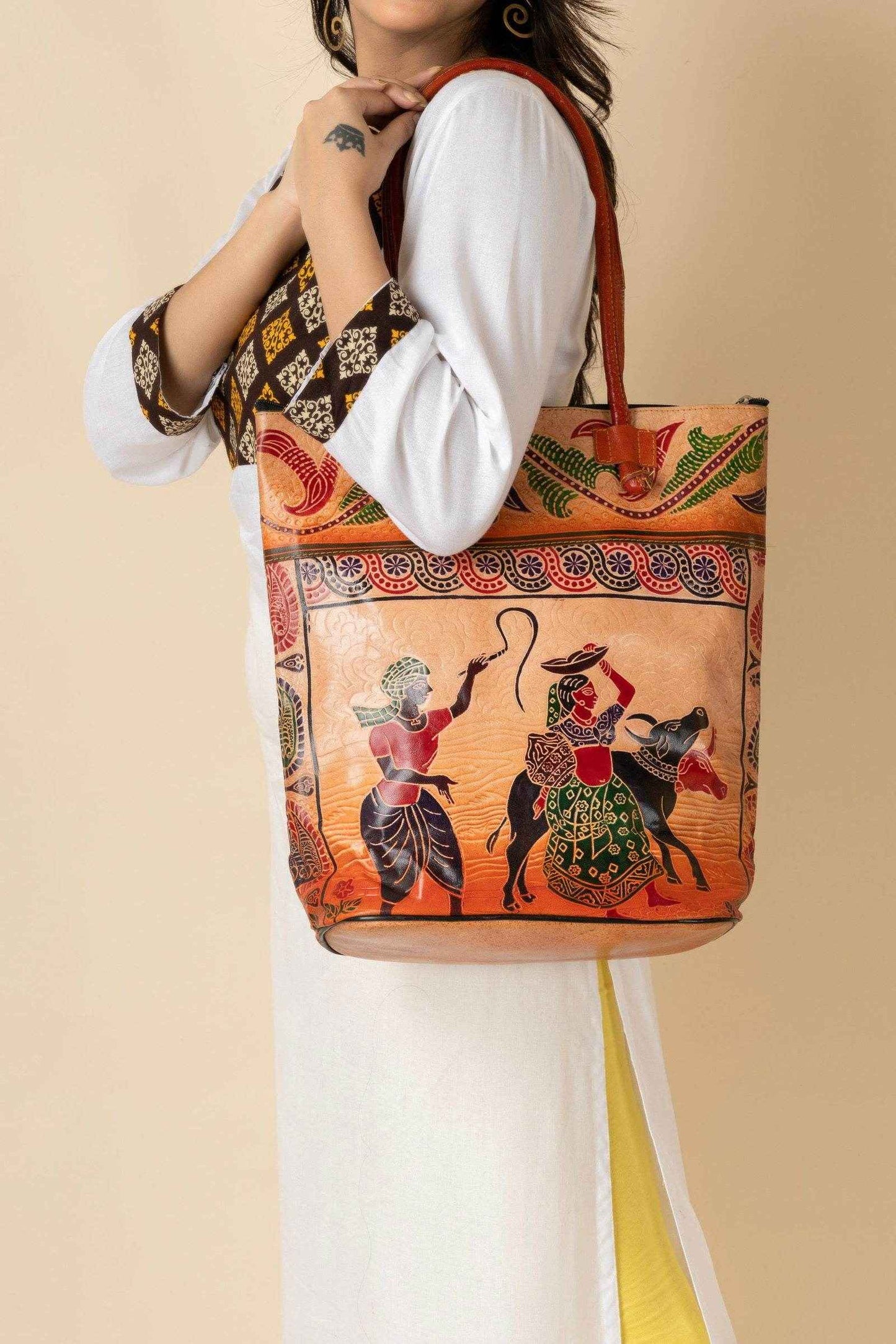 Handcrafted Shantiniketan Leather Handbag For Women - 14x14 Brown Bag With 4 Spacious Compartments - Lookandadorn.com