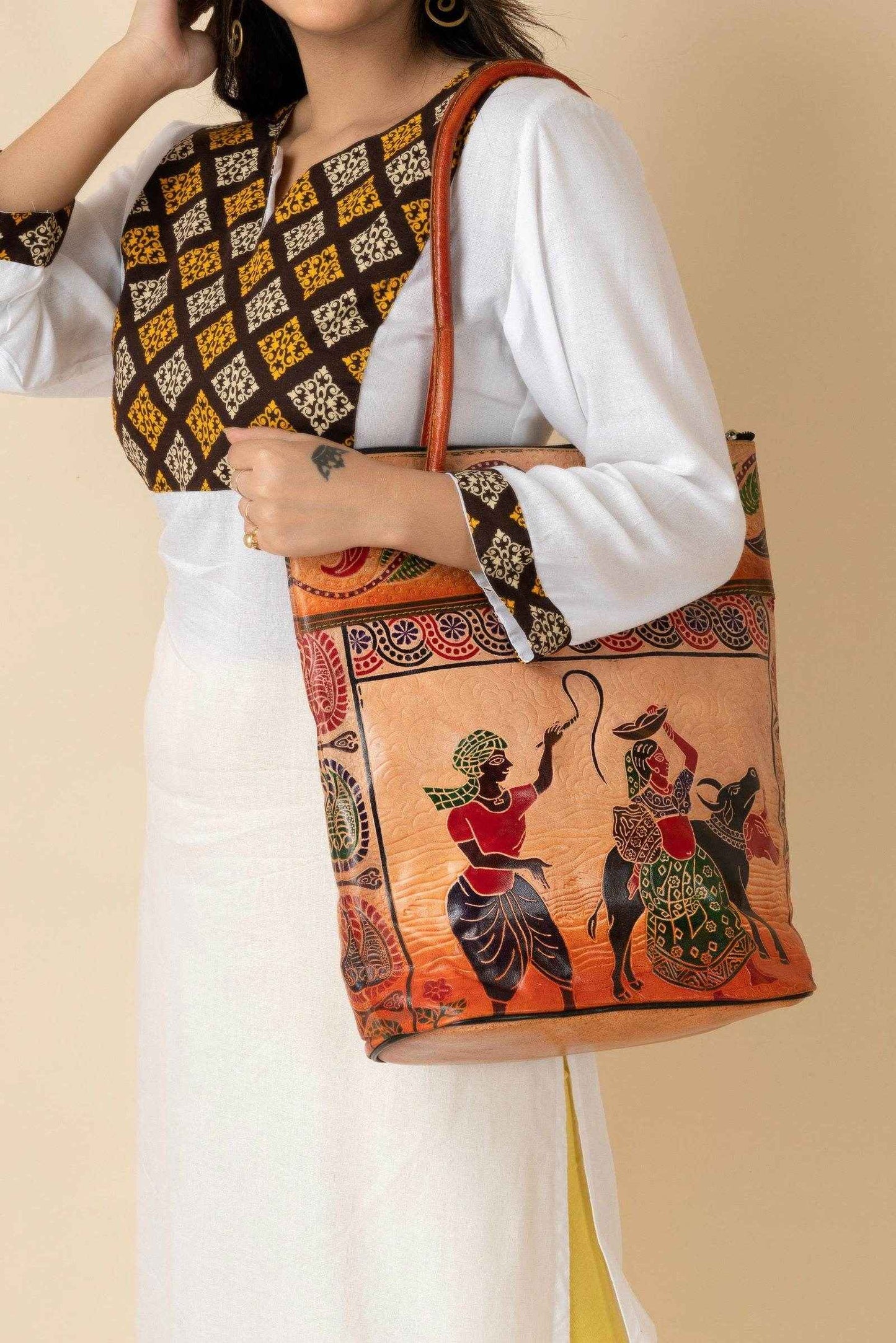Handcrafted Shantiniketan Leather Handbag For Women - 14x14 Brown Bag With 4 Spacious Compartments - Lookandadorn.com