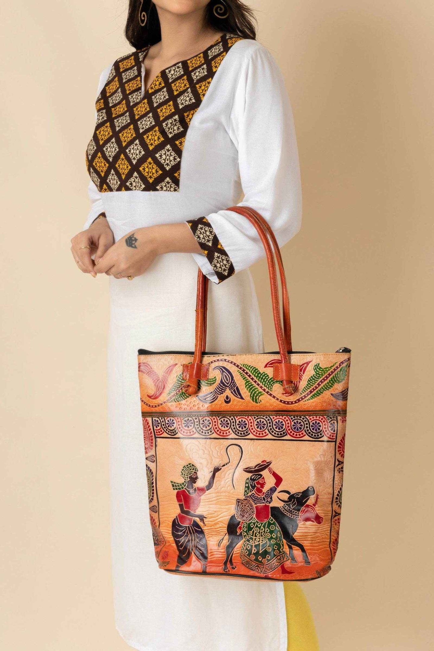 Handcrafted Shantiniketan Leather Handbag For Women - 14x14 Brown Bag With 4 Spacious Compartments - Lookandadorn.com