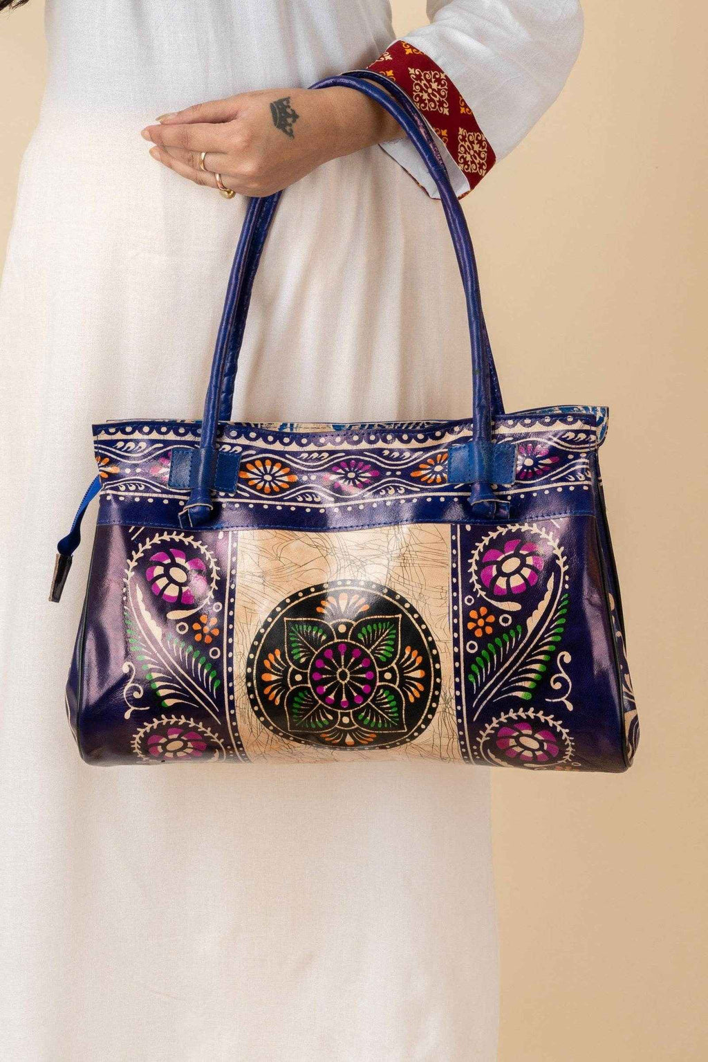 Shantiniketan Blue Leather Handbag for Women, Handcrafted in India, 15x12 Inches - Lookandadorn.com