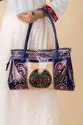 Shantiniketan Blue Leather Handbag for Women, Handcrafted in India, 15x12 Inches - Lookandadorn.com