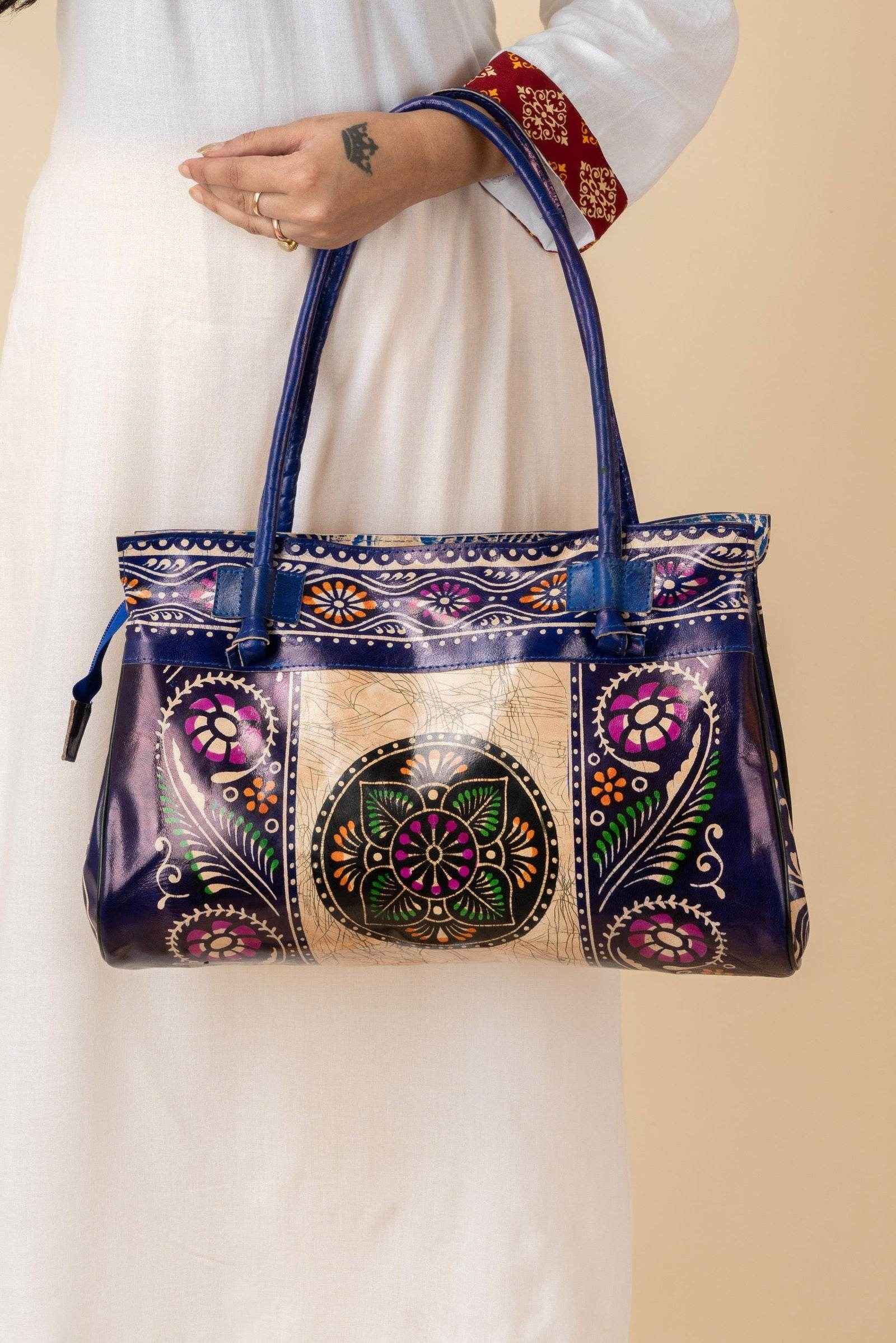 Shantiniketan Blue Leather Handbag for Women, Handcrafted in India, 15x12 Inches - Lookandadorn.com