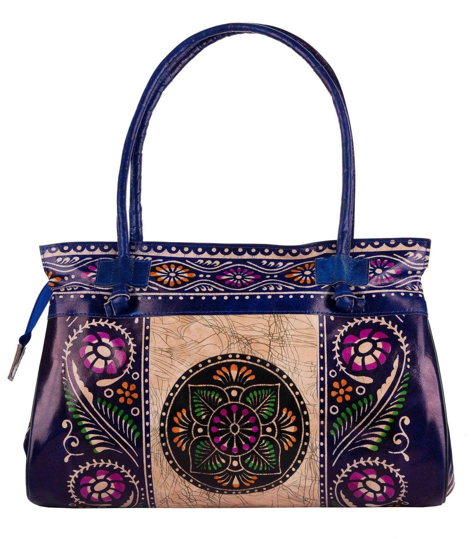 Shantiniketan Blue Leather Handbag for Women, Handcrafted in India, 15x12 Inches - Lookandadorn.com