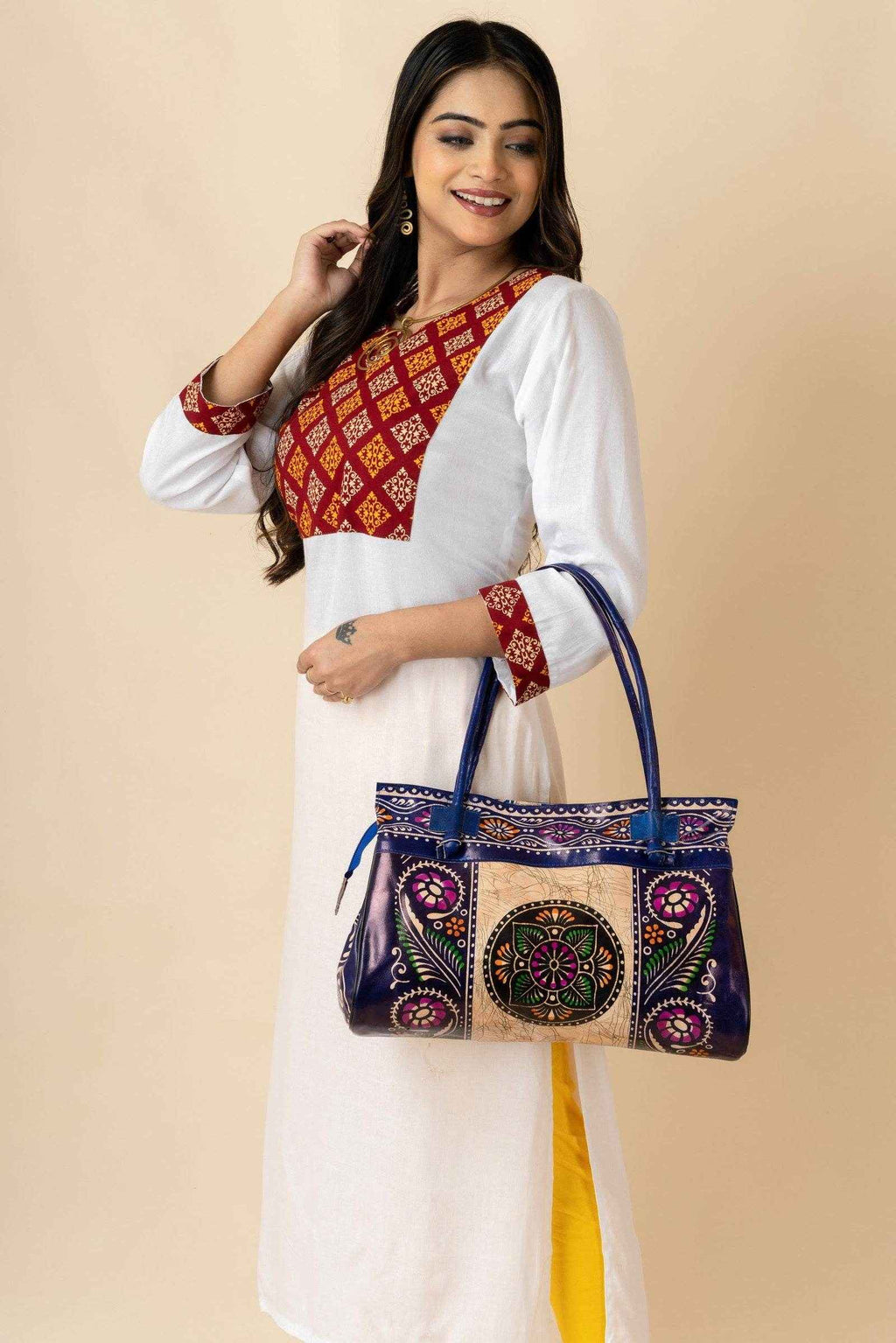 Shantiniketan Blue Leather Handbag for Women, Handcrafted in India, 15x12 Inches - Lookandadorn.com