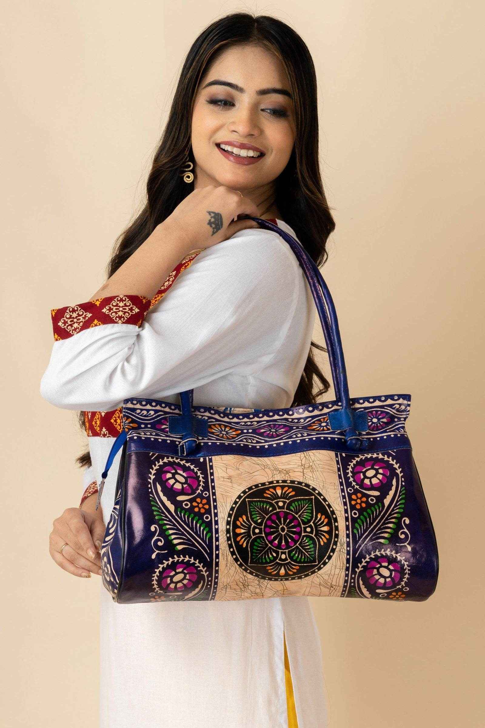 Shantiniketan Blue Leather Handbag for Women, Handcrafted in India, 15x12 Inches - Lookandadorn.com
