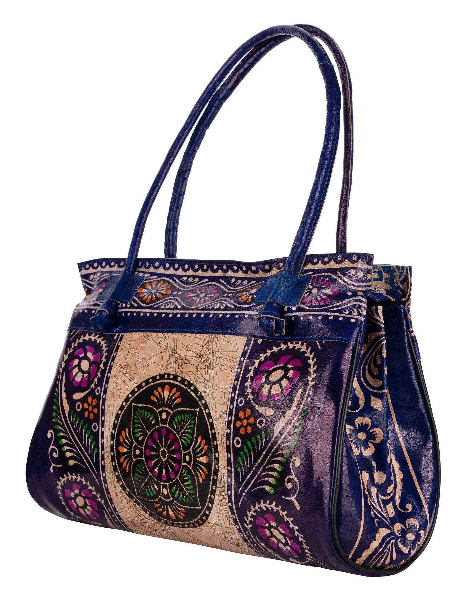 Shantiniketan Blue Leather Handbag for Women, Handcrafted in India, 15x12 Inches - Lookandadorn.com