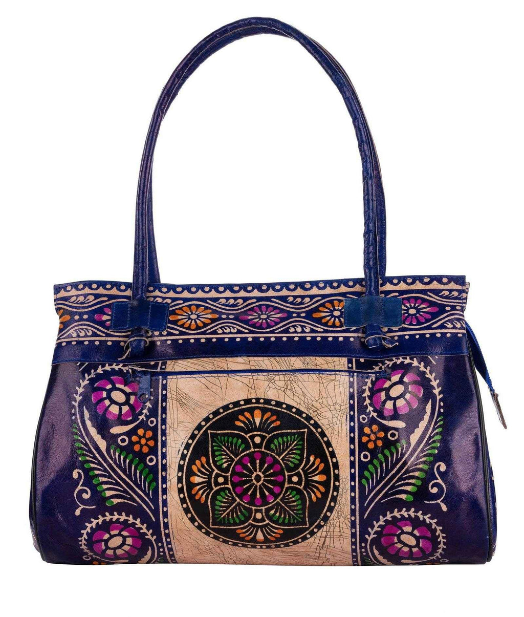 Shantiniketan Blue Leather Handbag for Women, Handcrafted in India, 15x12 Inches - Lookandadorn.com