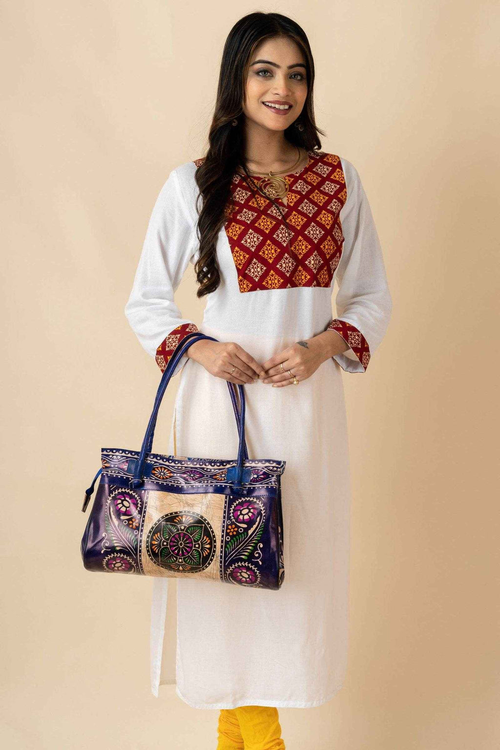 Shantiniketan Blue Leather Handbag for Women, Handcrafted in India, 15x12 Inches - Lookandadorn.com