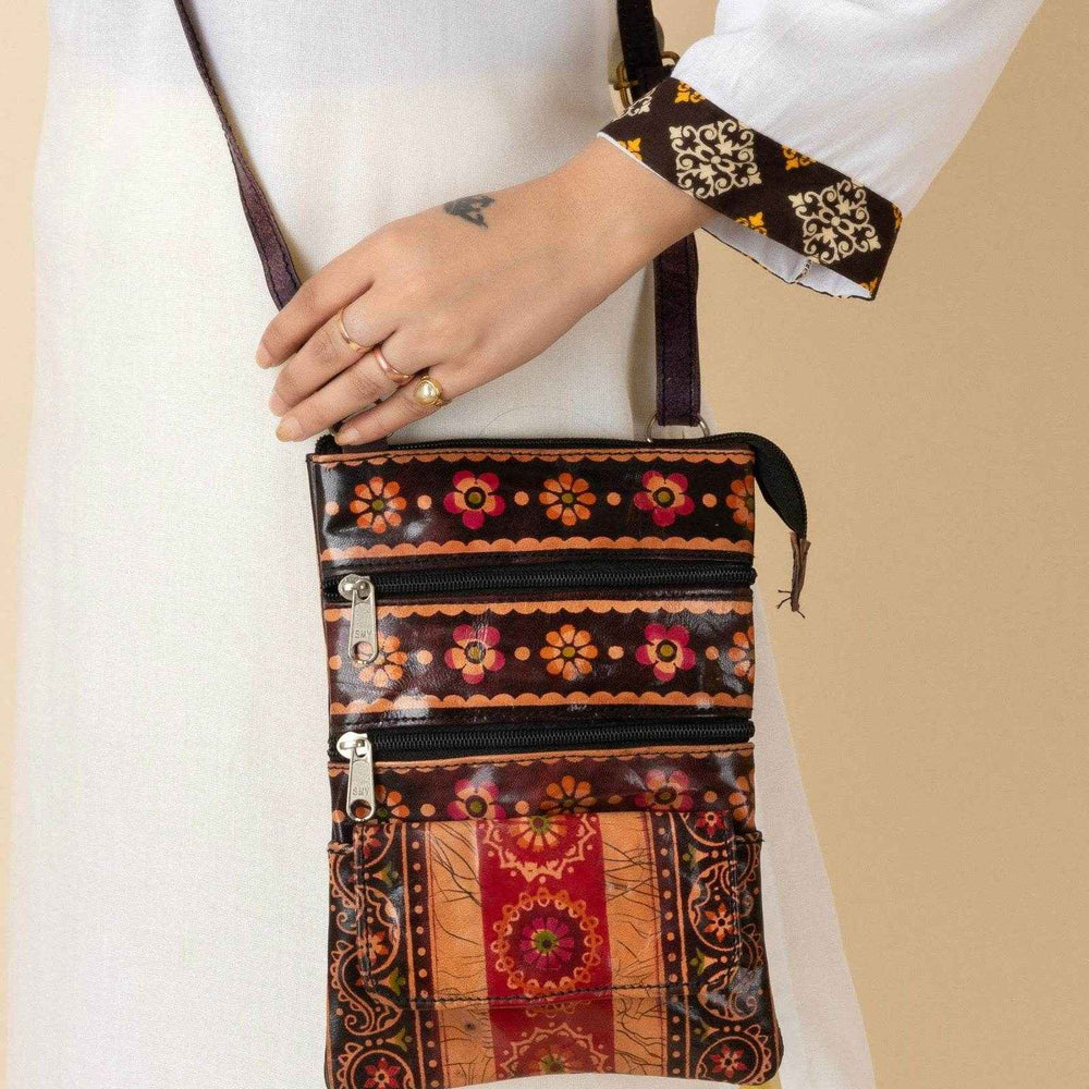 Shantiniketan Brown Leather Crossbody Sling Bag for Women - 4 Compartments, Handcrafted, Stylish Design - Lookandadorn.com