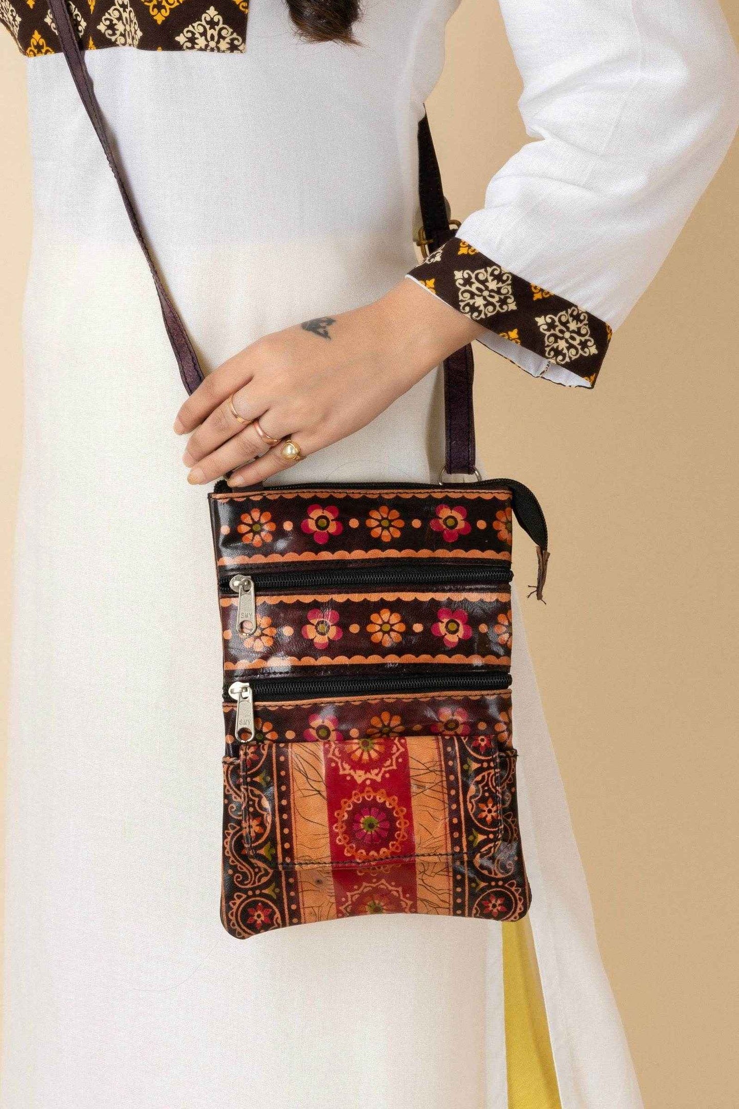 Shantiniketan Brown Leather Crossbody Sling Bag for Women - 4 Compartments, Handcrafted, Stylish Design - Lookandadorn.com