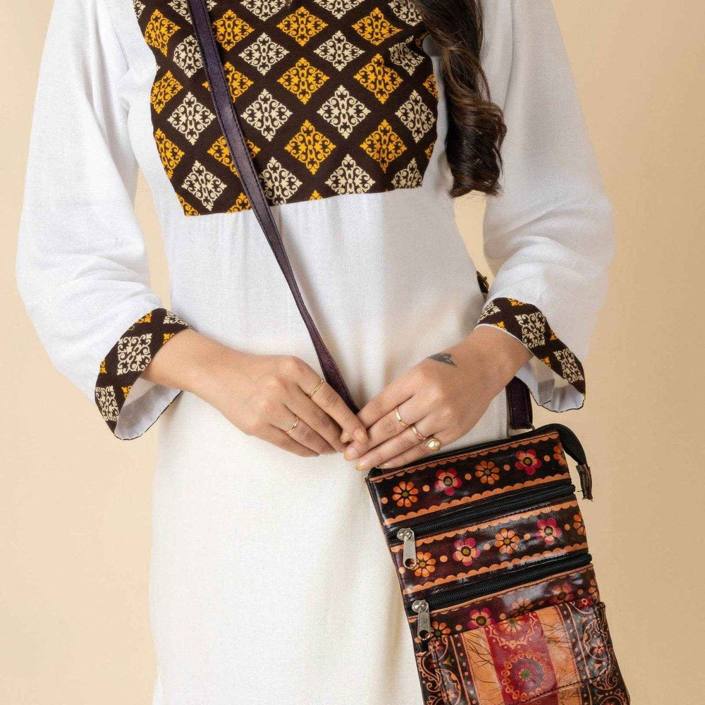 Shantiniketan Brown Leather Crossbody Sling Bag for Women - 4 Compartments, Handcrafted, Stylish Design - Lookandadorn.com