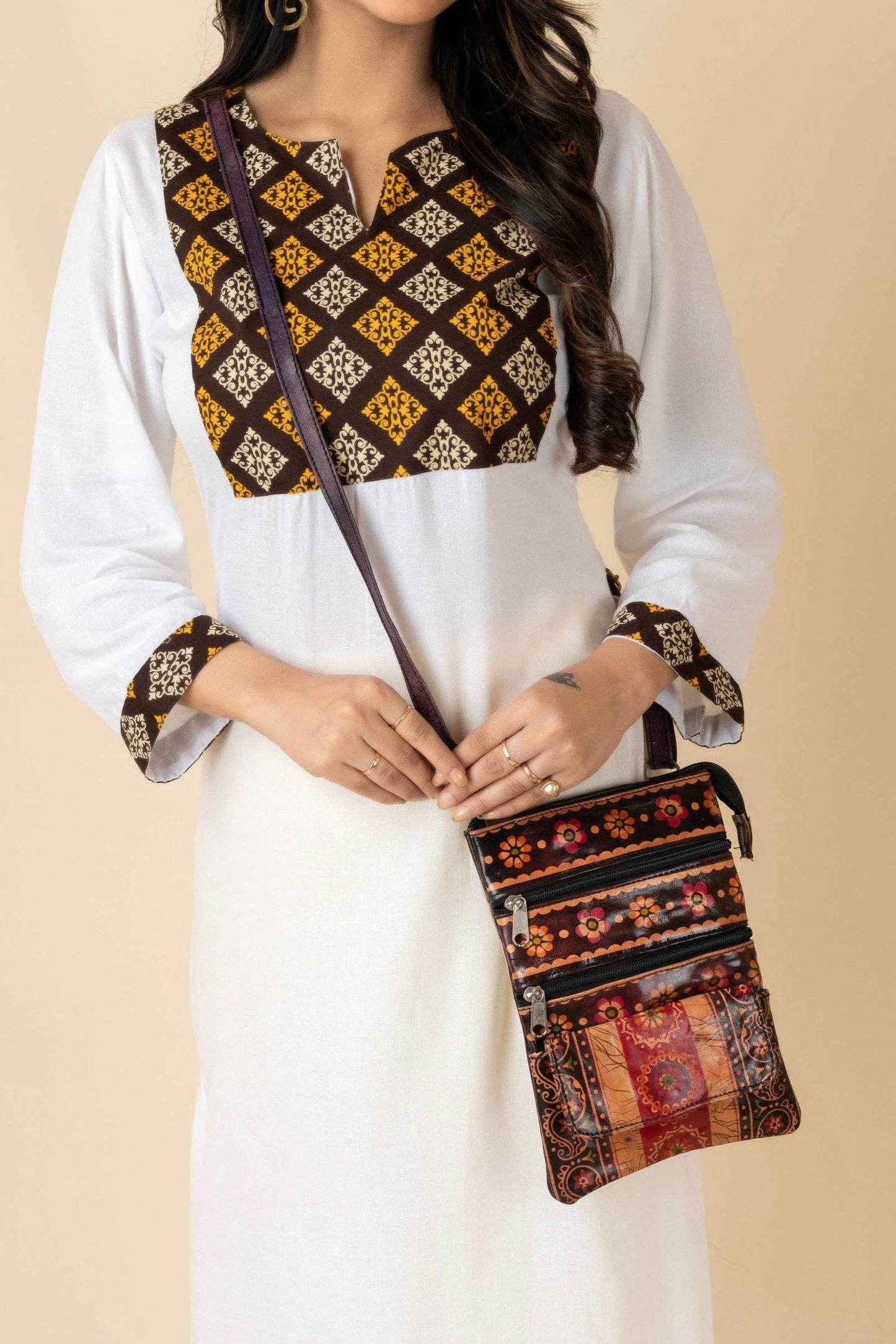 Shantiniketan Brown Leather Crossbody Sling Bag for Women - 4 Compartments, Handcrafted, Stylish Design - Lookandadorn.com