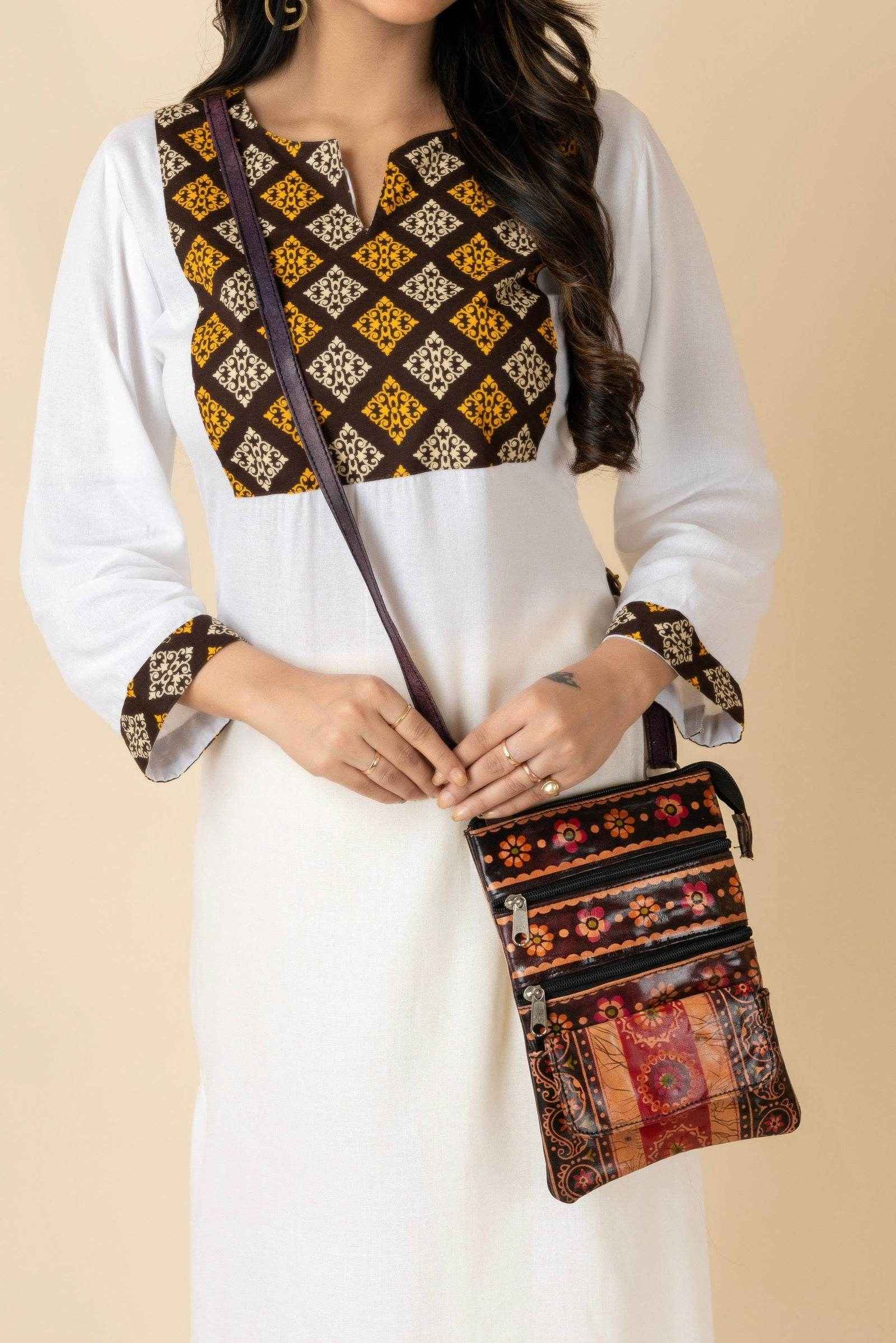 Shantiniketan Brown Leather Crossbody Sling Bag for Women - 4 Compartments, Handcrafted, Stylish Design - Lookandadorn.com