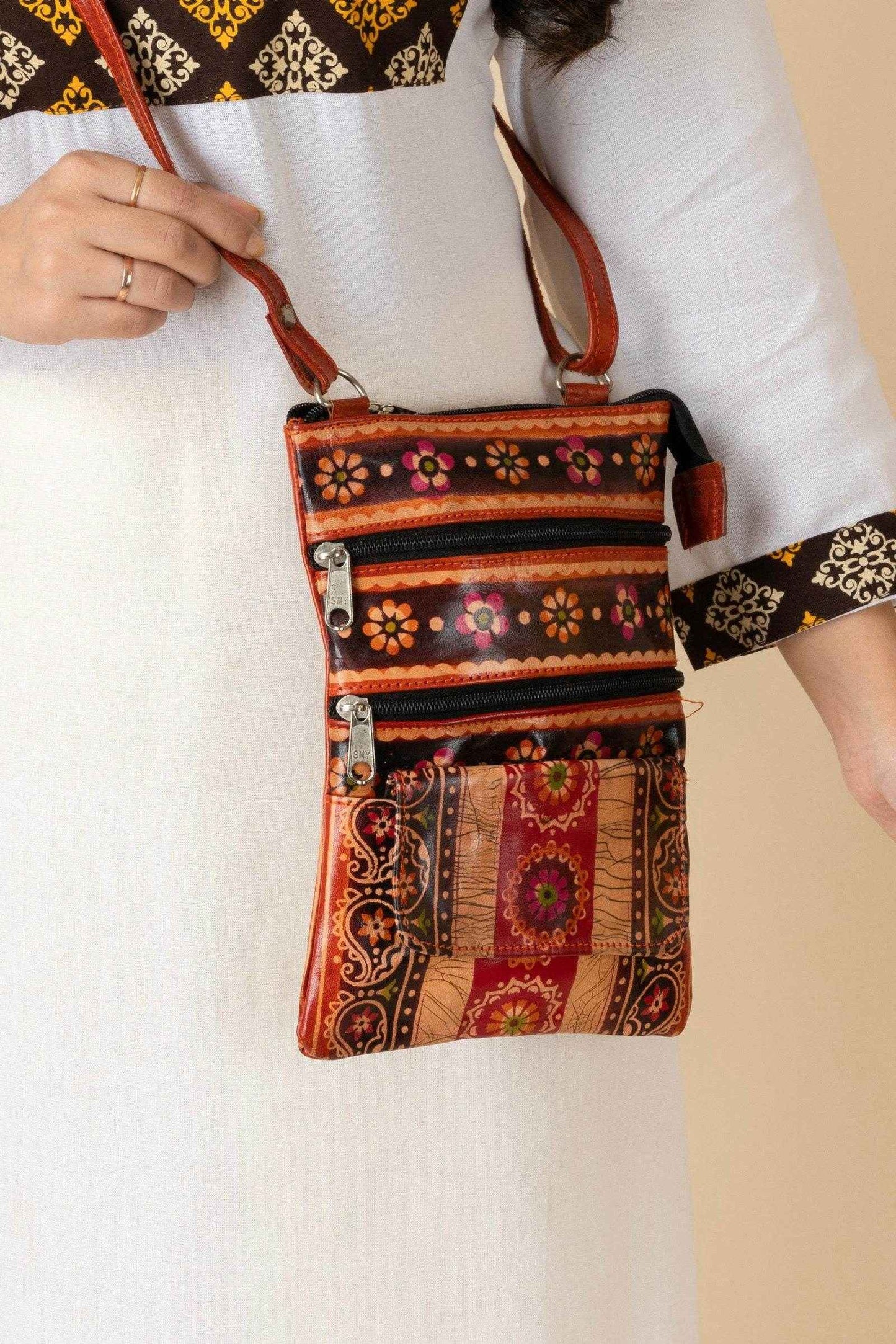 Shantiniketan Brown Leather Crossbody Sling Bag for Women - 4 Compartments, Handcrafted, Stylish Design - Lookandadorn.com