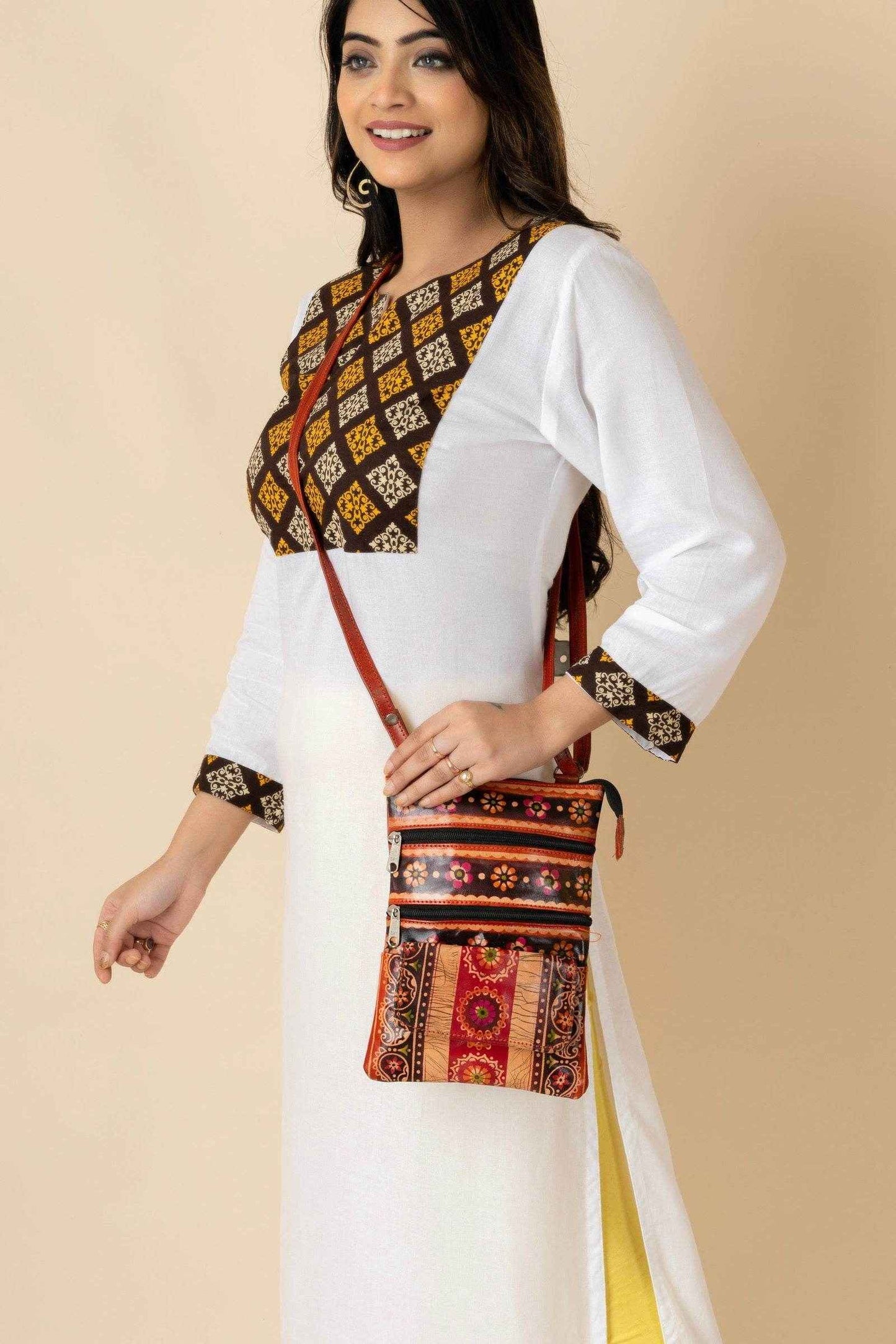 Shantiniketan Brown Leather Crossbody Sling Bag for Women - 4 Compartments, Handcrafted, Stylish Design - Lookandadorn.com