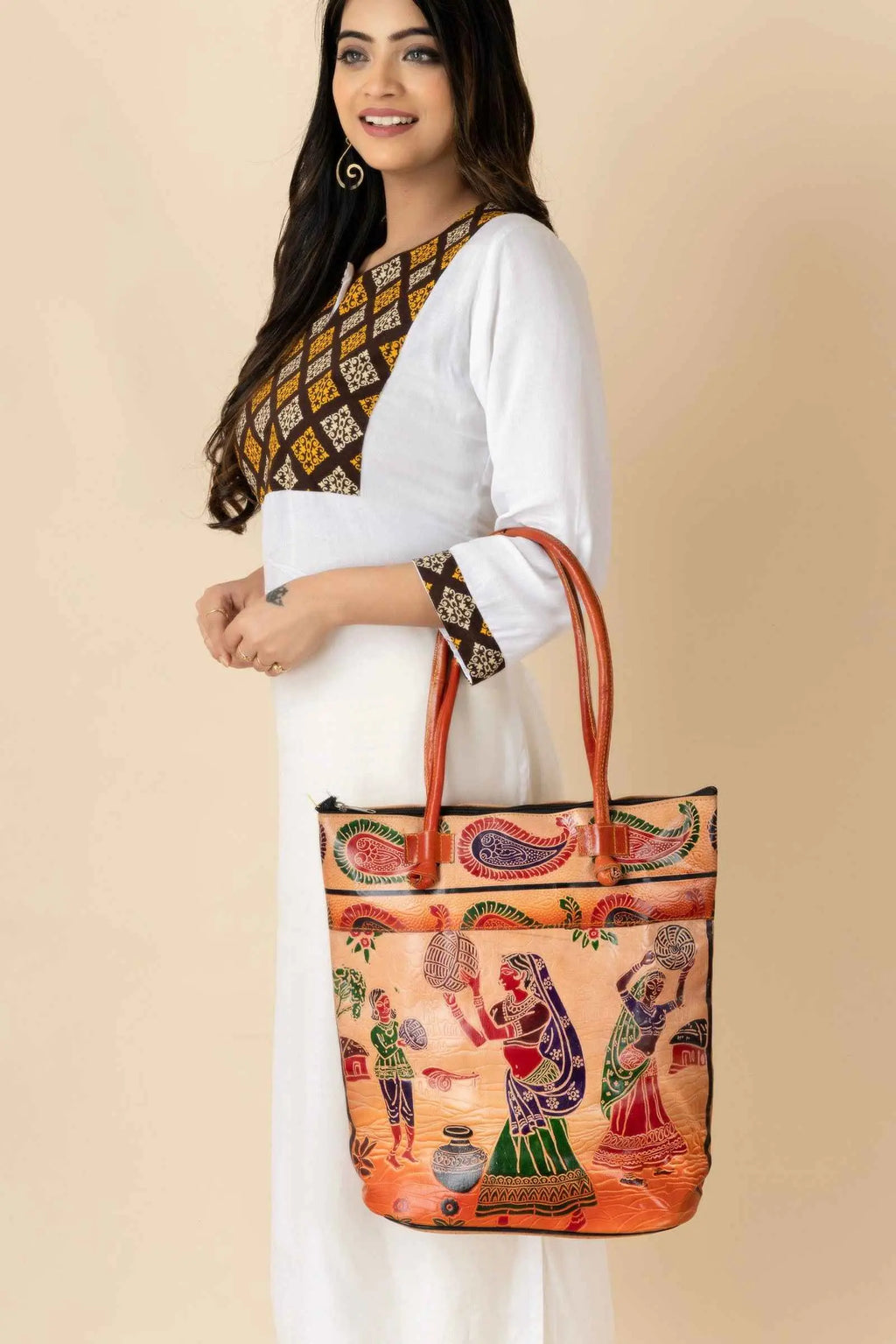 Handcrafted Shantiniketan Brown Leather Handbag for Women - 4 Compartments, 14"x14" Size