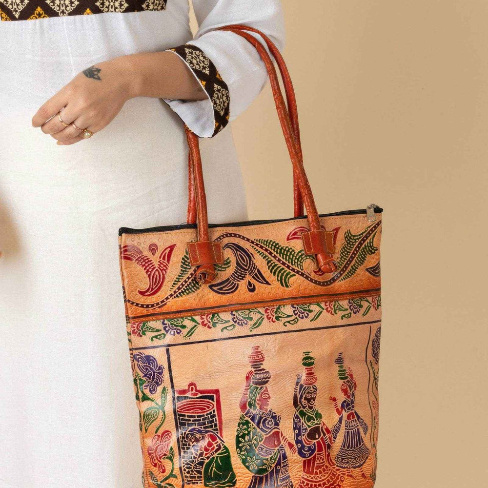 Shantiniketan Handcrafted Brown Leather Handbag With 4 Compartments for Women (14 x 14 inches) - Lookandadorn.com