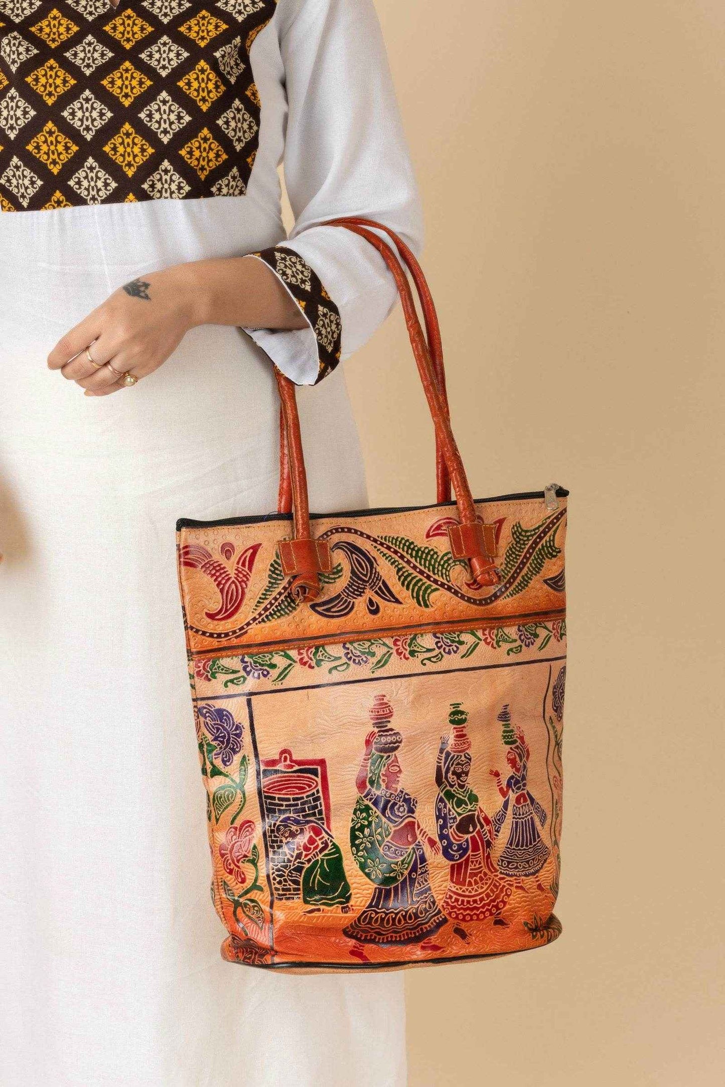 Shantiniketan Handcrafted Brown Leather Handbag With 4 Compartments for Women (14 x 14 inches) - Lookandadorn.com