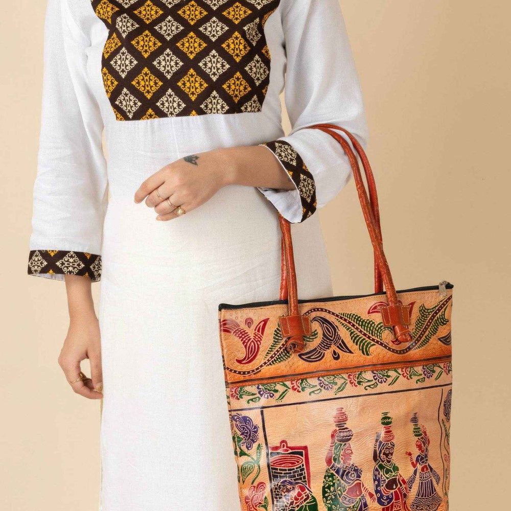 Shantiniketan Handcrafted Brown Leather Handbag With 4 Compartments for Women (14 x 14 inches) - Lookandadorn.com
