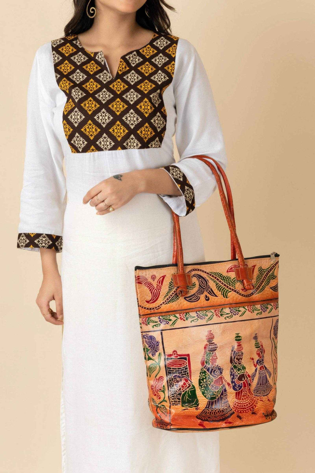 Shantiniketan Handcrafted Brown Leather Handbag With 4 Compartments for Women (14 x 14 inches) - Lookandadorn.com