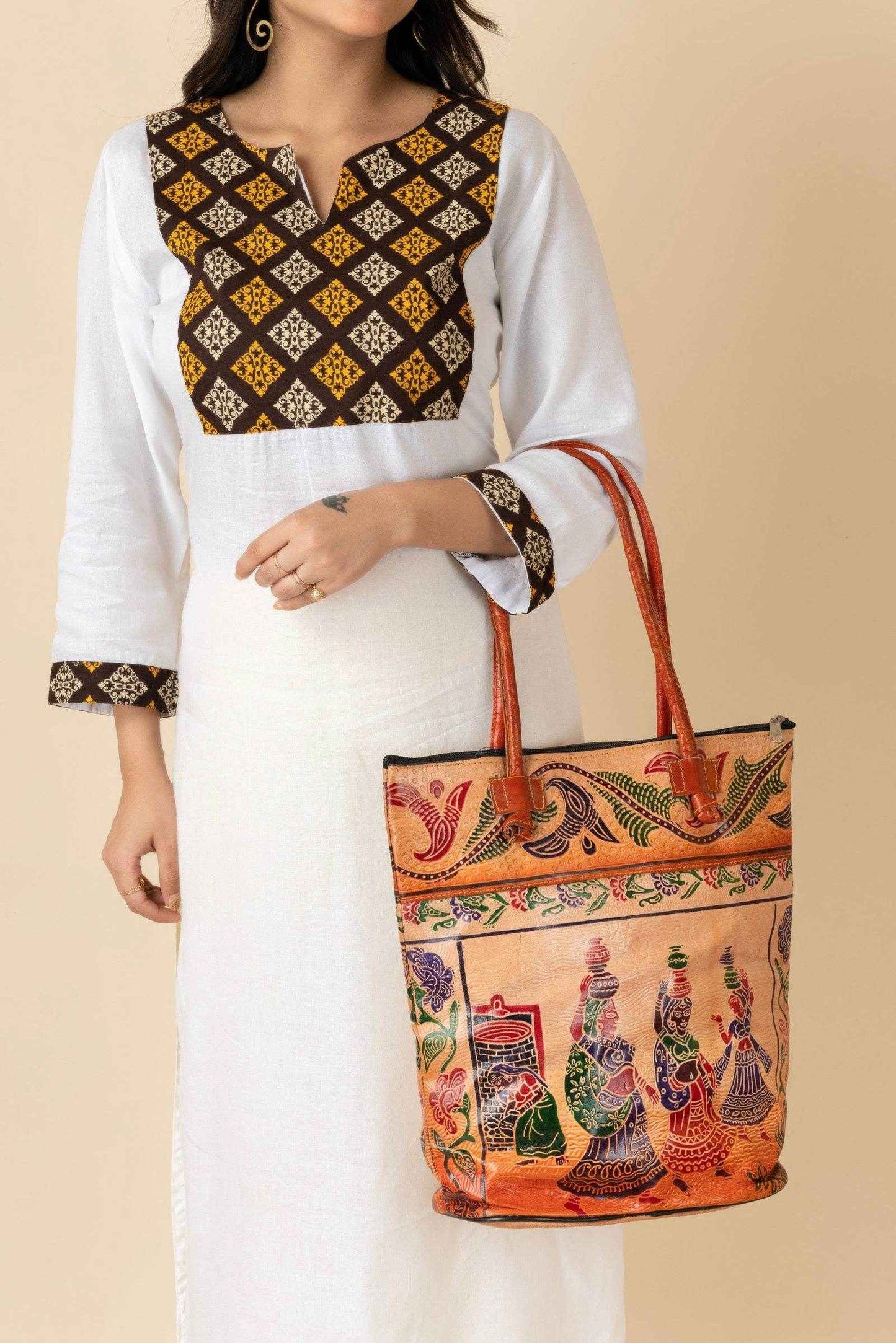 Shantiniketan Handcrafted Brown Leather Handbag With 4 Compartments for Women (14 x 14 inches) - Lookandadorn.com