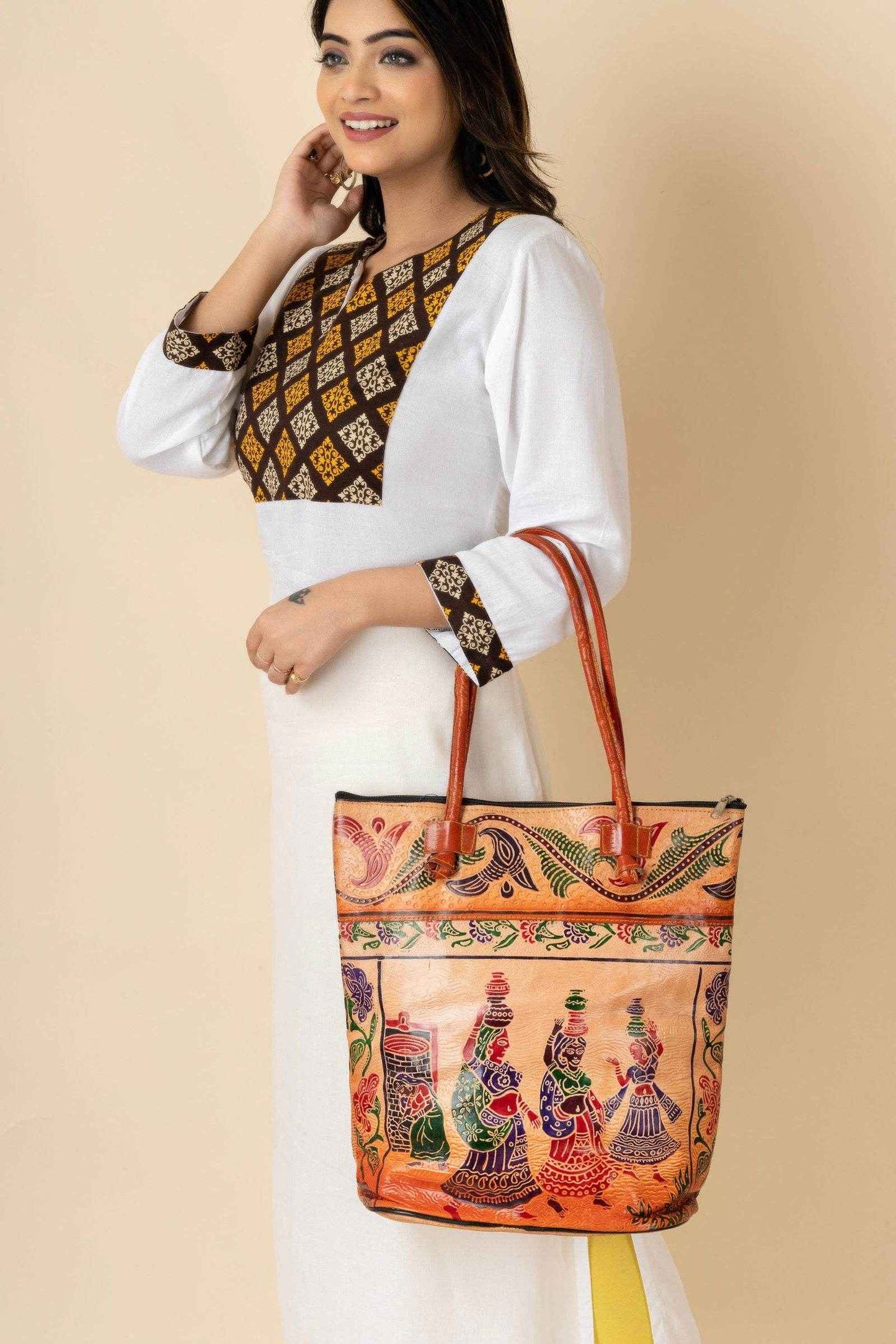 Shantiniketan Handcrafted Brown Leather Handbag With 4 Compartments for Women (14 x 14 inches) - Lookandadorn.com