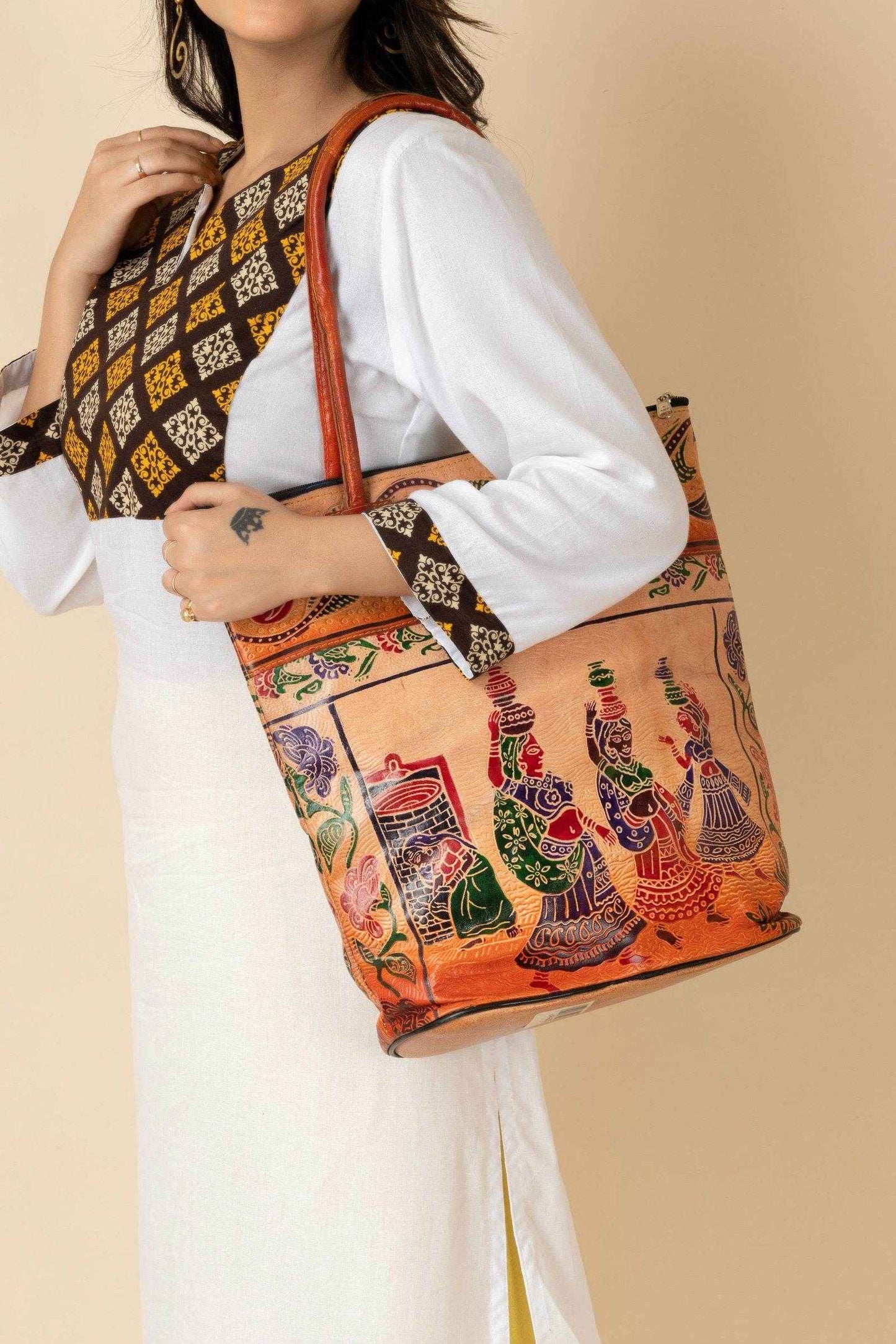 Shantiniketan Handcrafted Brown Leather Handbag With 4 Compartments for Women (14 x 14 inches) - Lookandadorn.com