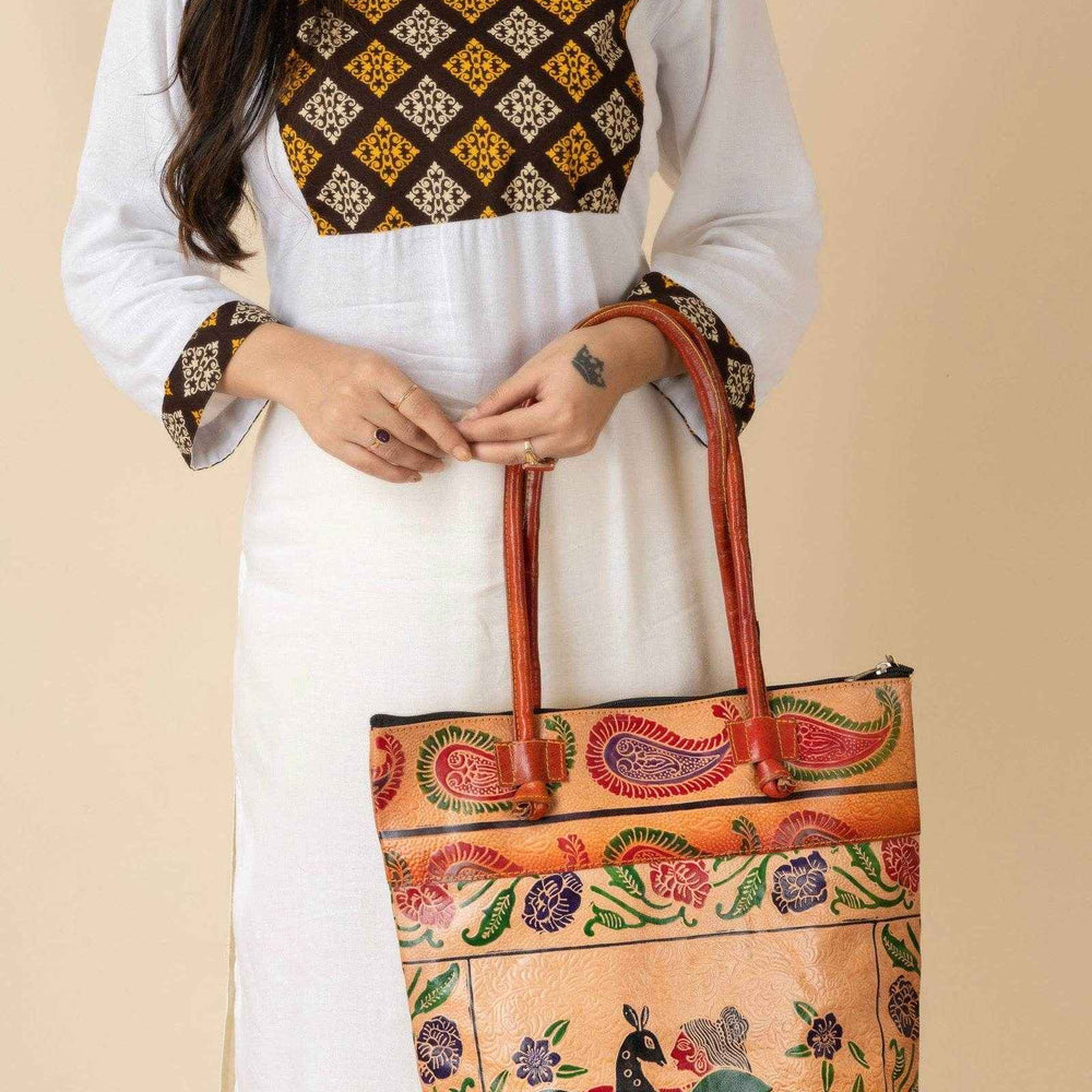 Shantiniketan Handcrafted Brown Leather Handbag for Women - 4 Compartments, Spacious Design 14x14 - Lookandadorn.com