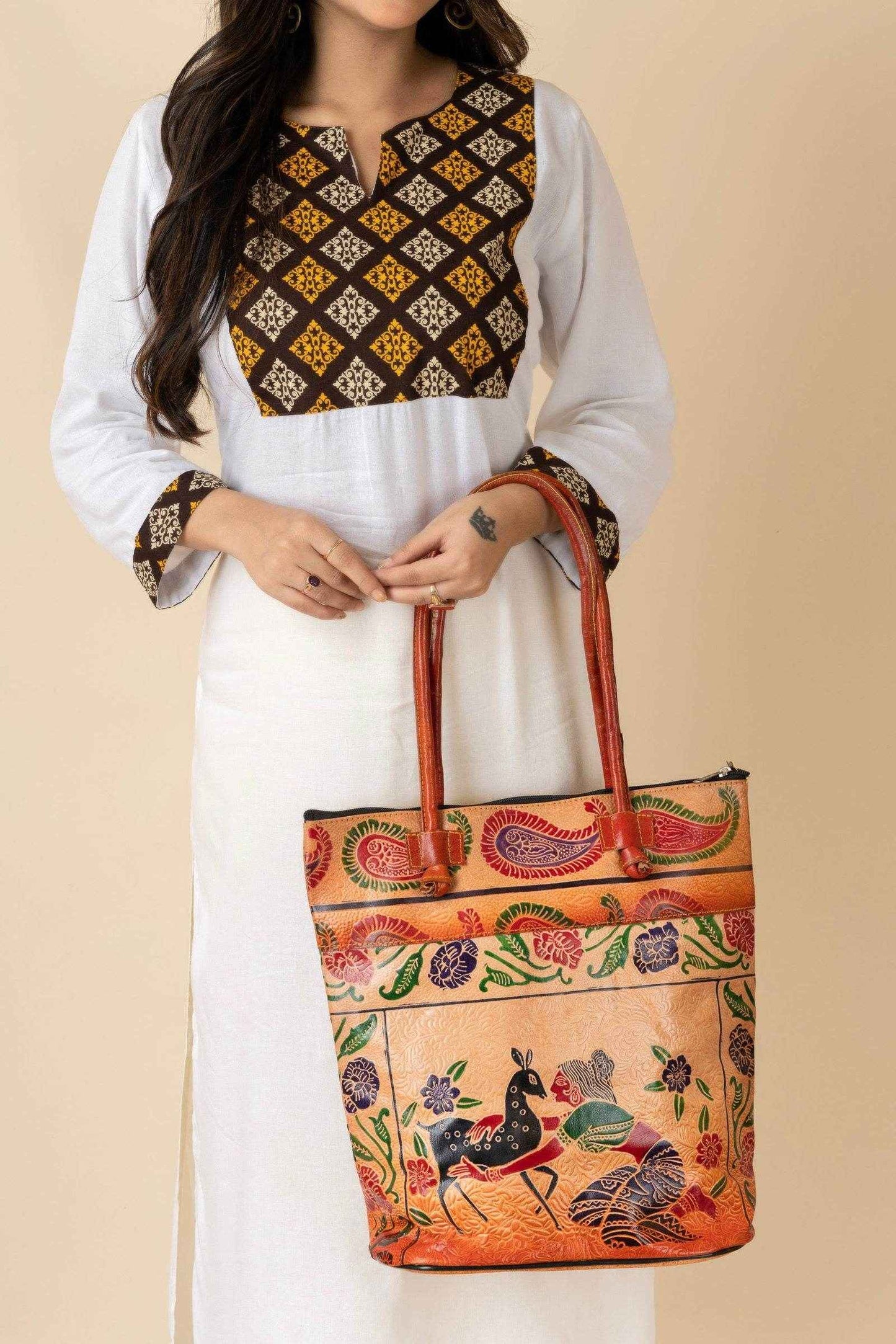 Shantiniketan Handcrafted Brown Leather Handbag for Women - 4 Compartments, Spacious Design 14x14 - Lookandadorn.com