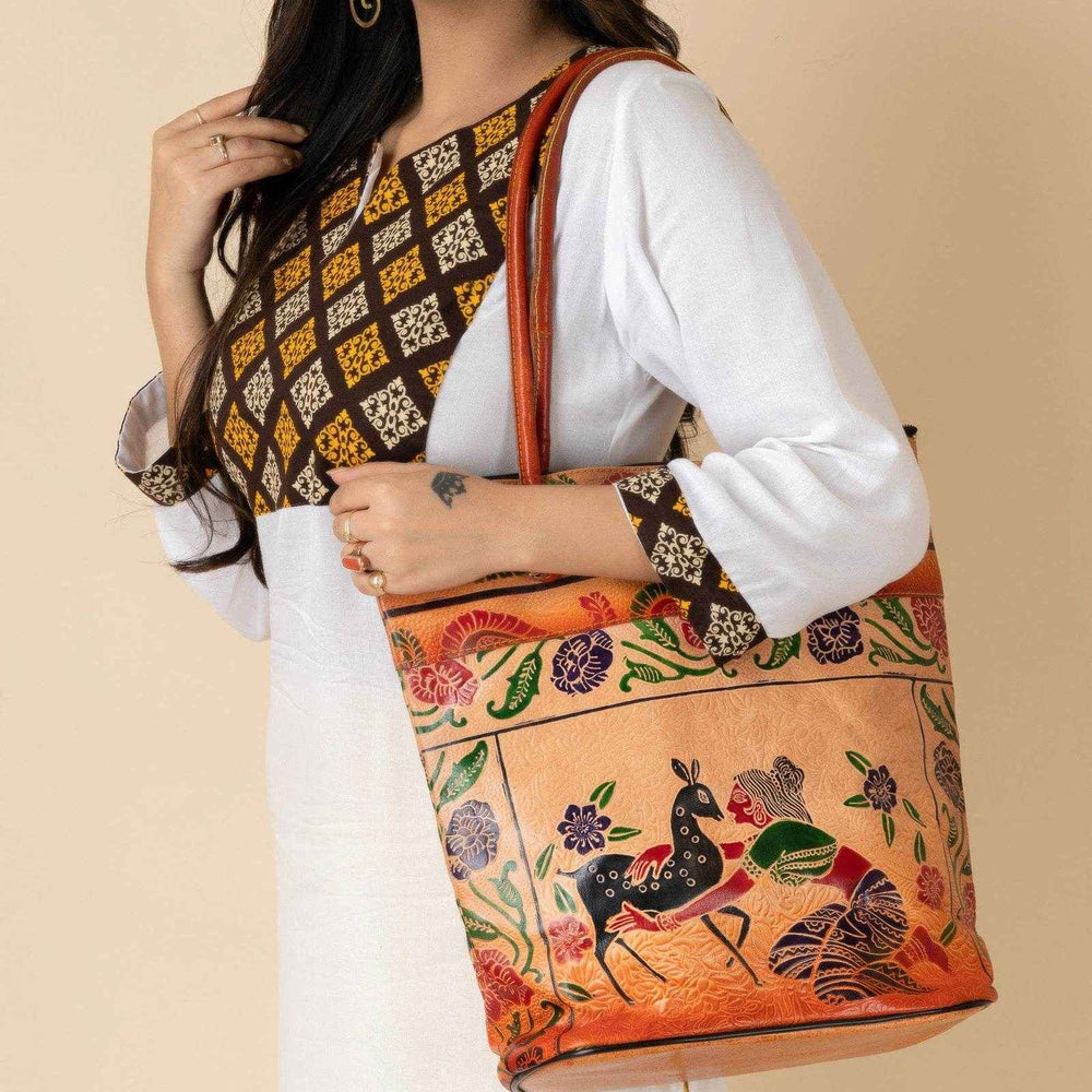 Shantiniketan Handcrafted Brown Leather Handbag for Women - 4 Compartments, Spacious Design 14x14 - Lookandadorn.com