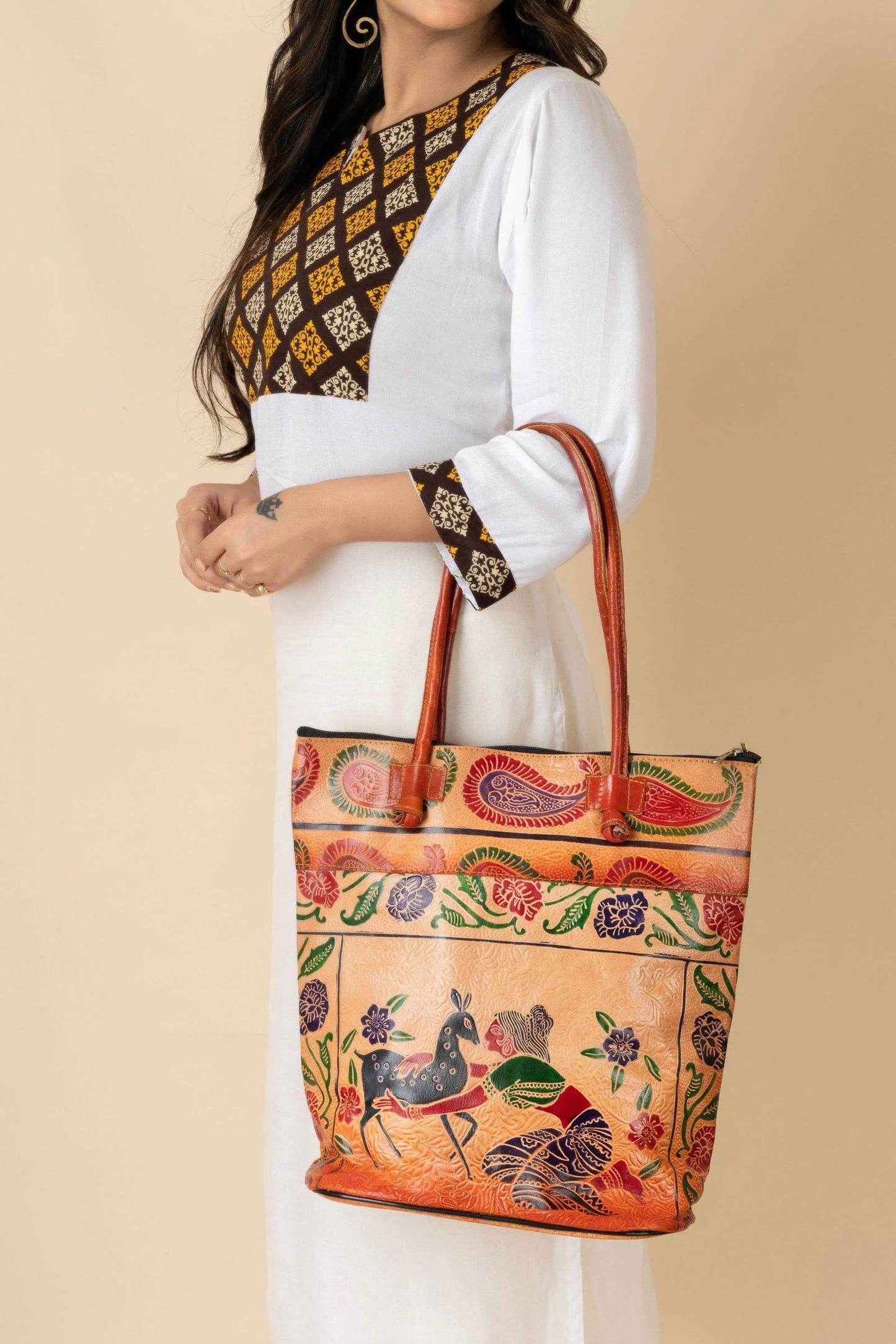 Shantiniketan Handcrafted Brown Leather Handbag for Women - 4 Compartments, Spacious Design 14x14 - Lookandadorn.com