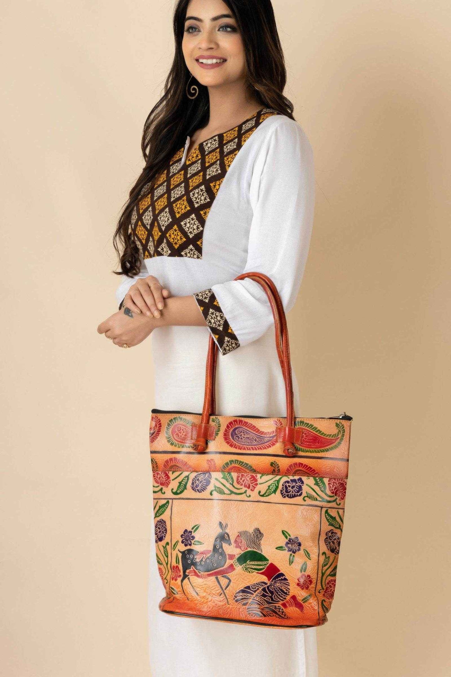 Shantiniketan Handcrafted Brown Leather Handbag for Women - 4 Compartments, Spacious Design 14x14 - Lookandadorn.com